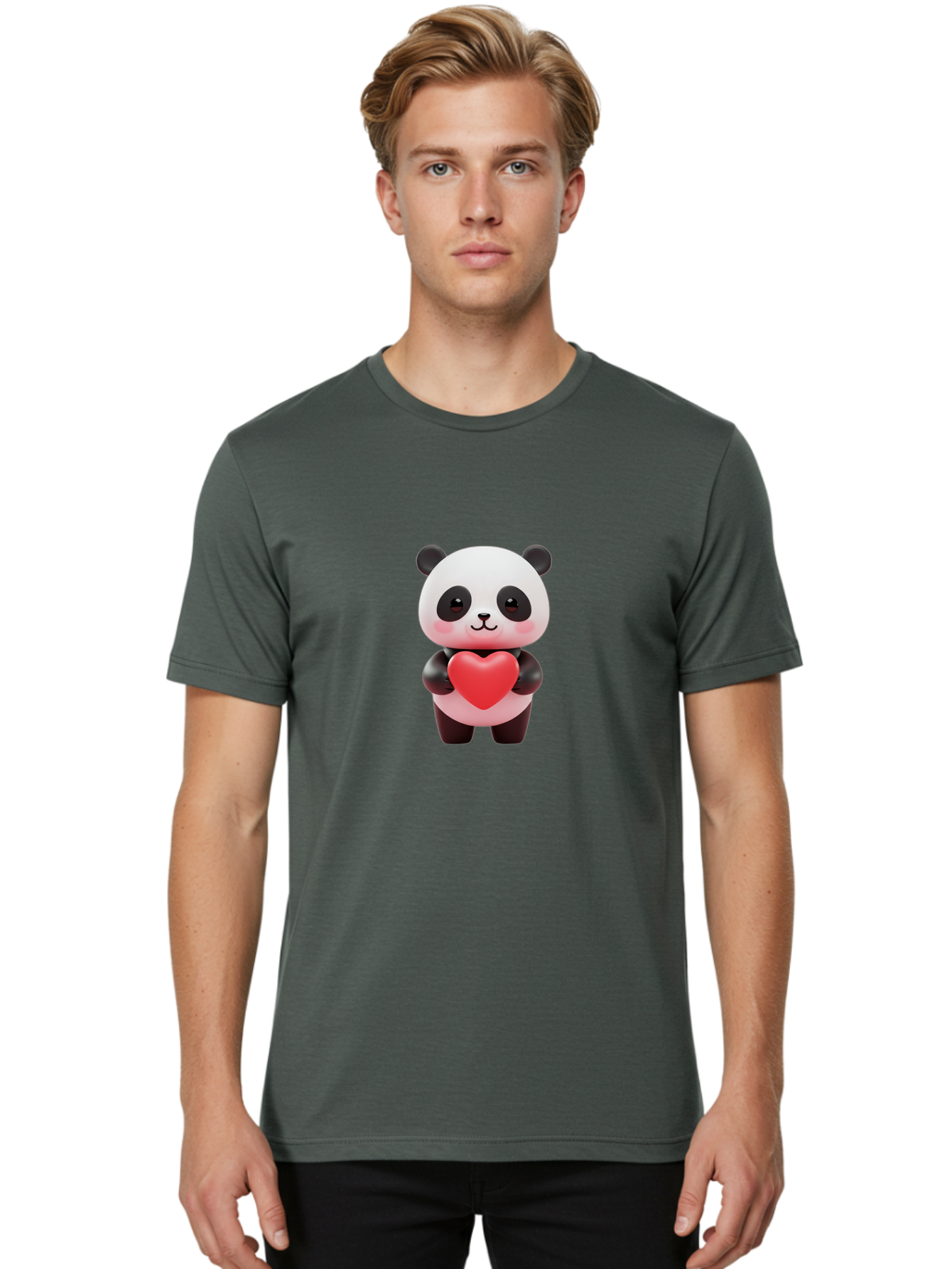 Panda-With-Heart-1 Men'S Graphic Tee, 100% Cotton, Comfortable Casual Summer Wear, Machine Washable, Cartoon Panda, Red Heart, Cute Animal, Love Symbol, Adorable Character, 3D Illustration, Panda Bear, Heart Shape, Love Expression, Kawaii Art Bae619