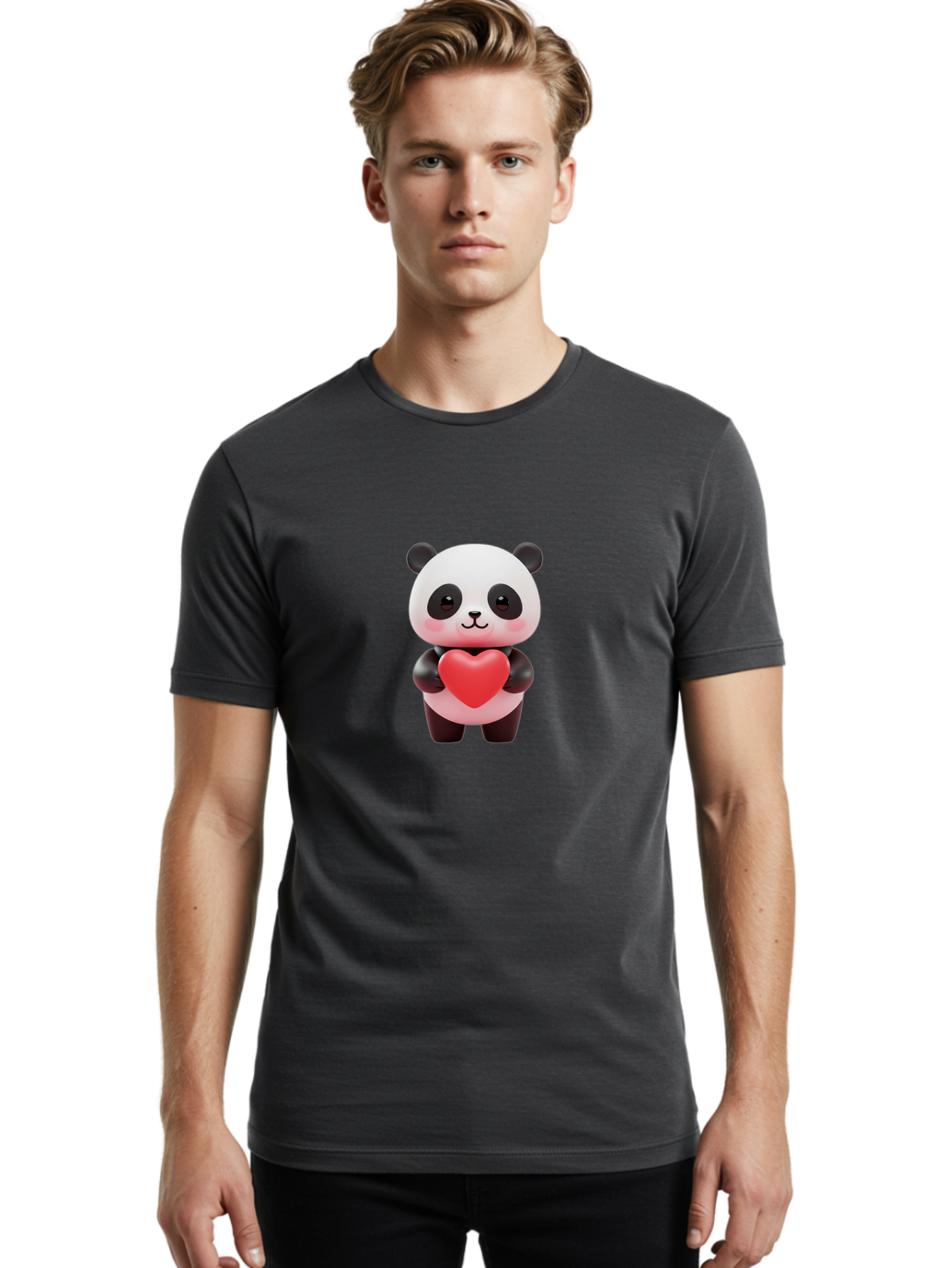 Panda-With-Heart-1 Men'S Graphic Tee, 100% Cotton, Comfortable Casual Summer Wear, Machine Washable, Cartoon Panda, Red Heart, Cute Animal, Love Symbol, Adorable Character, 3D Illustration, Panda Bear, Heart Shape, Love Expression, Kawaii Art Bae619