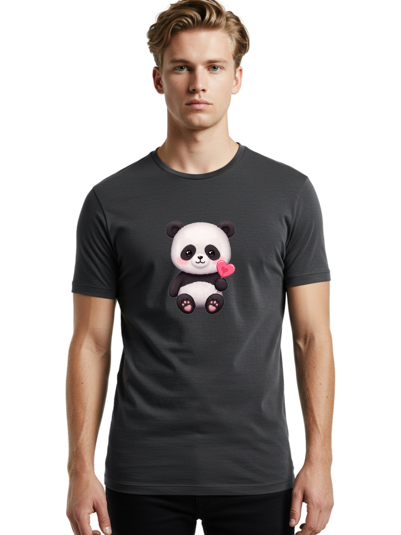 Panda-With-Heart-2 Men'S Graphic Tee, 100% Cotton, Comfortable Casual Summer Wear, Machine Washable, Cute Panda Bear, Holding Heart, Adorable Animal, Cartoon Character, Pink Heart, Love Symbol, Kawaii Illustration, Fuzzy Texture, Bae620