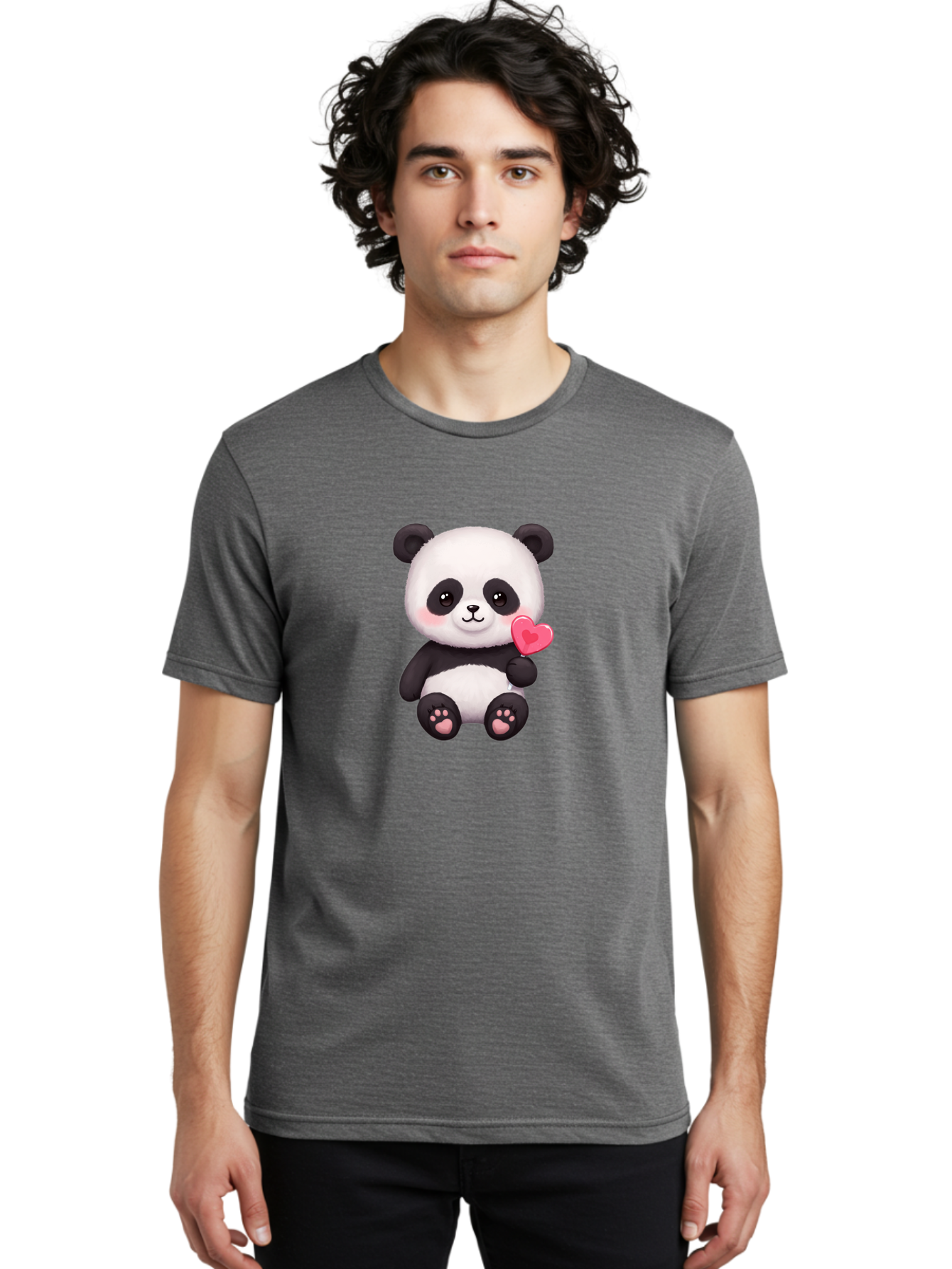 Panda-With-Heart-2 Men'S Graphic Tee, 100% Cotton, Comfortable Casual Summer Wear, Machine Washable, Cute Panda Bear, Holding Heart, Adorable Animal, Cartoon Character, Pink Heart, Love Symbol, Kawaii Illustration, Fuzzy Texture, Bae620