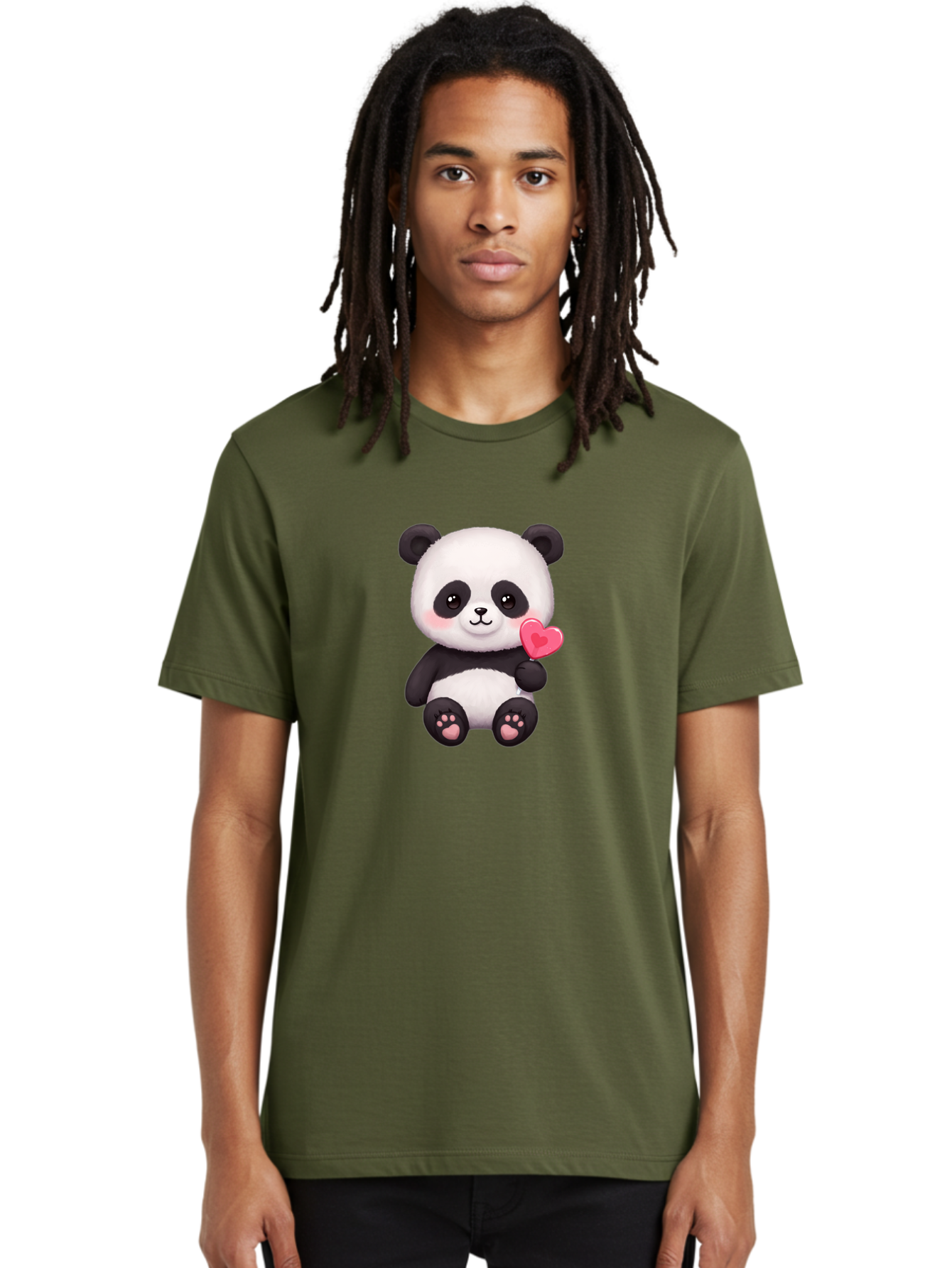 Panda-With-Heart-2 Men'S Graphic Tee, 100% Cotton, Comfortable Casual Summer Wear, Machine Washable, Cute Panda Bear, Holding Heart, Adorable Animal, Cartoon Character, Pink Heart, Love Symbol, Kawaii Illustration, Fuzzy Texture, Bae620