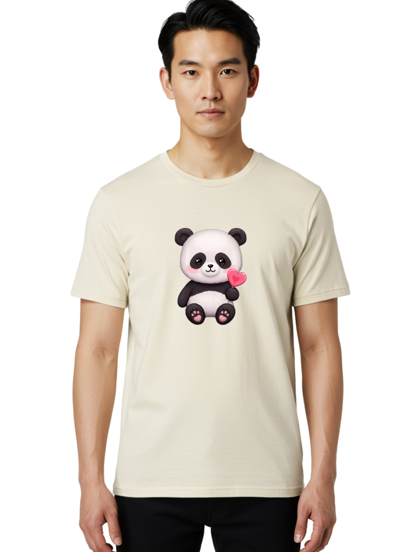 Panda-With-Heart-2 Men'S Graphic Tee, 100% Cotton, Comfortable Casual Summer Wear, Machine Washable, Cute Panda Bear, Holding Heart, Adorable Animal, Cartoon Character, Pink Heart, Love Symbol, Kawaii Illustration, Fuzzy Texture, Bae620