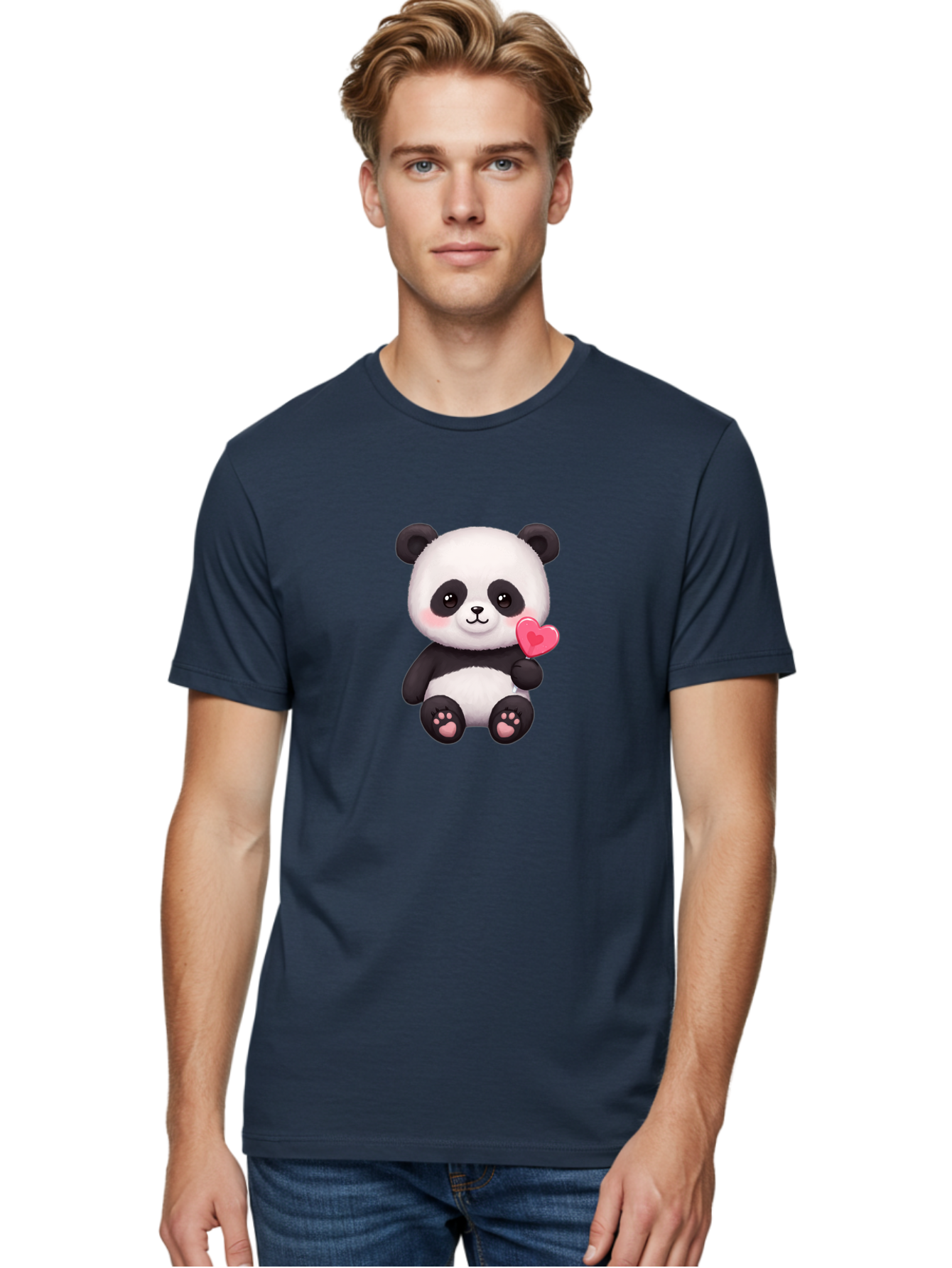 Panda-With-Heart-2 Men'S Graphic Tee, 100% Cotton, Comfortable Casual Summer Wear, Machine Washable, Cute Panda Bear, Holding Heart, Adorable Animal, Cartoon Character, Pink Heart, Love Symbol, Kawaii Illustration, Fuzzy Texture, Bae620