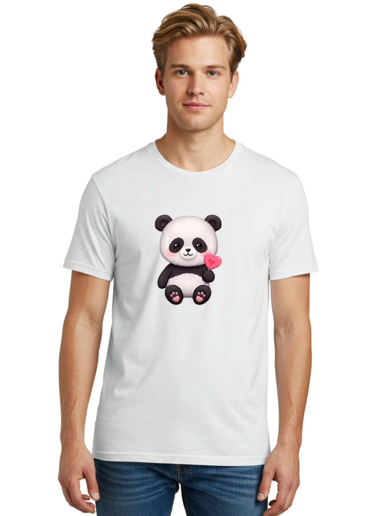 Panda-With-Heart-2 Men'S Graphic Tee, 100% Cotton, Comfortable Casual Summer Wear, Machine Washable, Cute Panda Bear, Holding Heart, Adorable Animal, Cartoon Character, Pink Heart, Love Symbol, Kawaii Illustration, Fuzzy Texture, Bae620