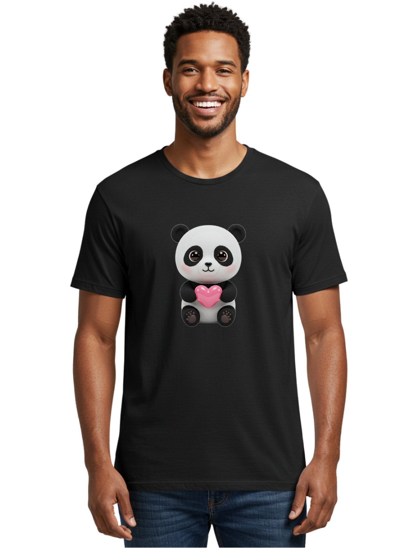 Panda-With-Heart Men'S Graphic Tee, 100% Cotton, Comfortable Casual Summer Wear, Machine Washable, Kawaii Panda Bear, Cute Cartoon Character, Pink Heart Symbol, Adorable Illustration, Love And Affection, Digital Art, Heartwarming Scene, Bae621