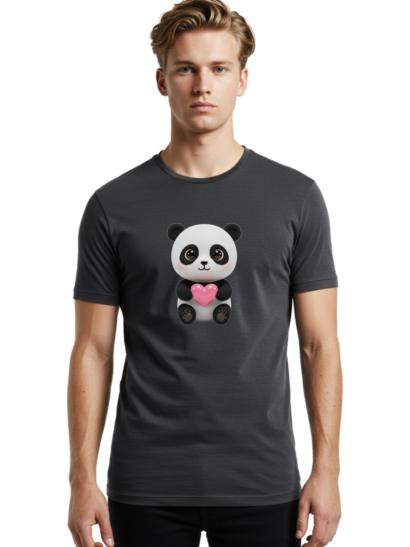 Panda-With-Heart Men'S Graphic Tee, 100% Cotton, Comfortable Casual Summer Wear, Machine Washable, Kawaii Panda Bear, Cute Cartoon Character, Pink Heart Symbol, Adorable Illustration, Love And Affection, Digital Art, Heartwarming Scene, Bae621