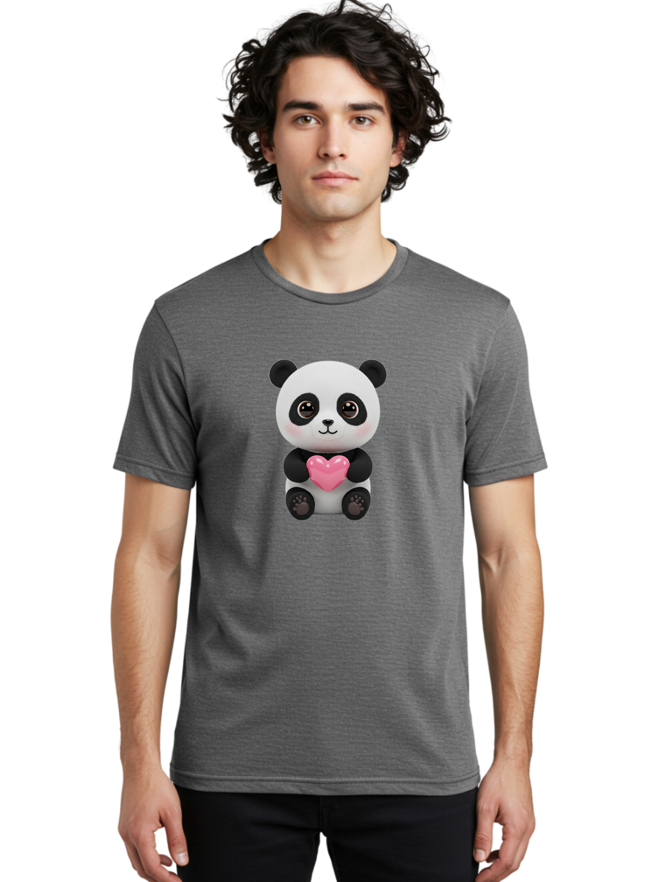 Panda-With-Heart Men'S Graphic Tee, 100% Cotton, Comfortable Casual Summer Wear, Machine Washable, Kawaii Panda Bear, Cute Cartoon Character, Pink Heart Symbol, Adorable Illustration, Love And Affection, Digital Art, Heartwarming Scene, Bae621