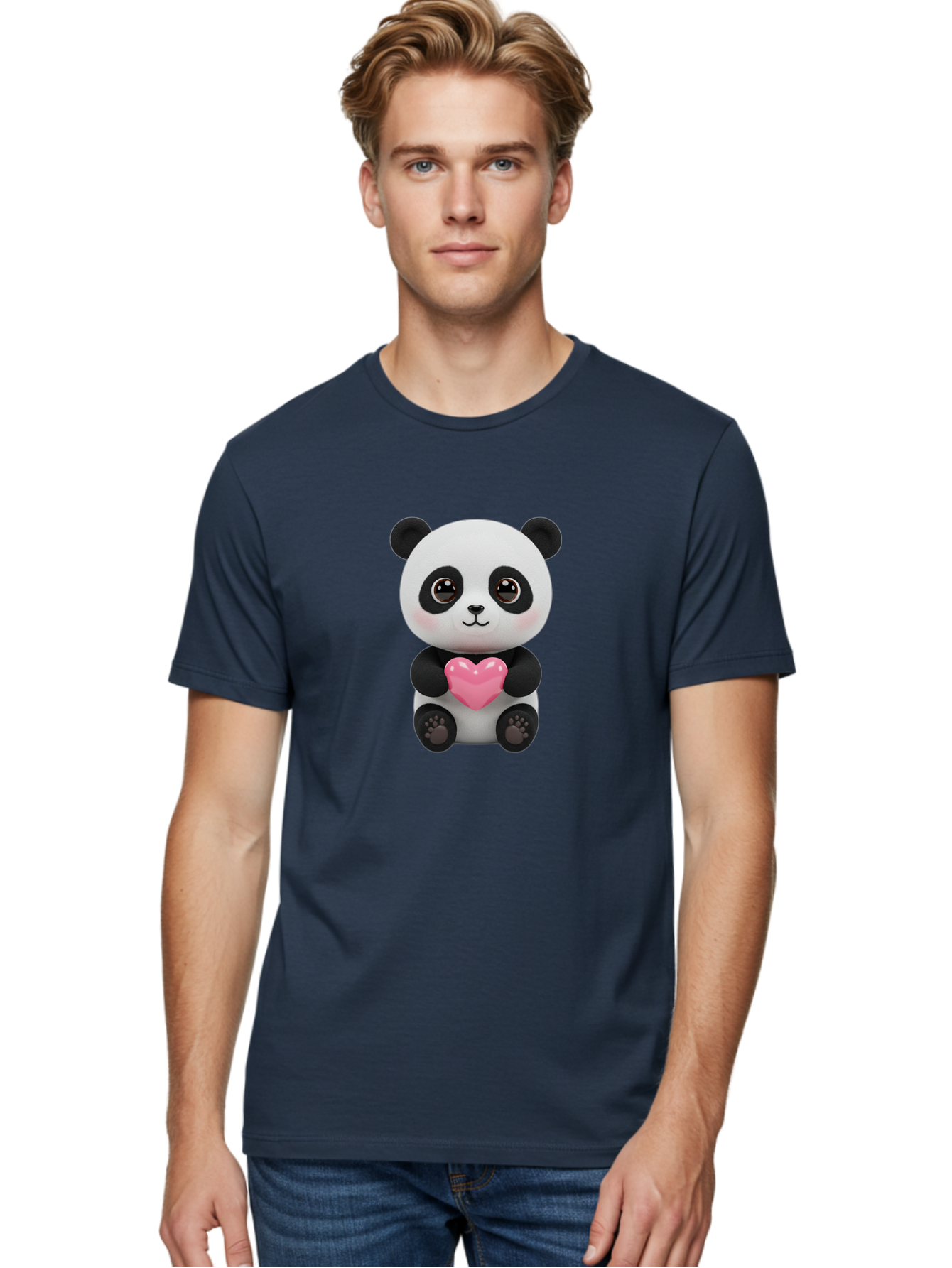 Panda-With-Heart Men'S Graphic Tee, 100% Cotton, Comfortable Casual Summer Wear, Machine Washable, Kawaii Panda Bear, Cute Cartoon Character, Pink Heart Symbol, Adorable Illustration, Love And Affection, Digital Art, Heartwarming Scene, Bae621