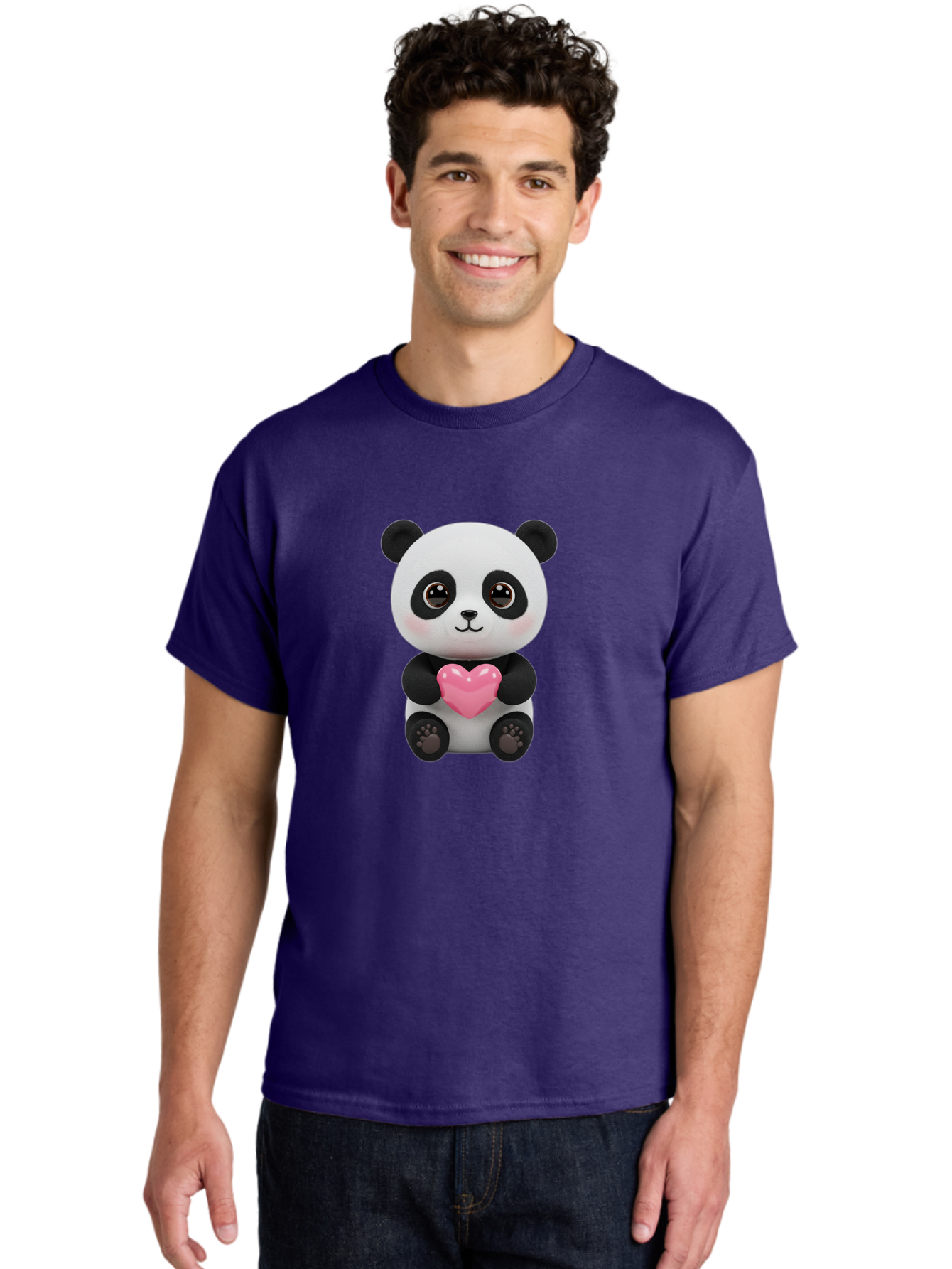 Panda-With-Heart Men'S Graphic Tee, 100% Cotton, Comfortable Casual Summer Wear, Machine Washable, Kawaii Panda Bear, Cute Cartoon Character, Pink Heart Symbol, Adorable Illustration, Love And Affection, Digital Art, Heartwarming Scene, Bae621