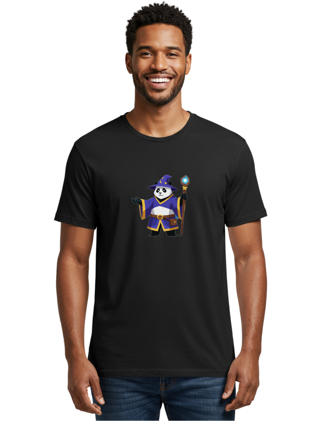 Panda-Wizard-1 Men'S Graphic Tee, 100% Cotton, Comfortable Casual Summer Wear, Machine Washable, Cartoon Panda Wizard, Magical Creature, Fantasy Character, Mystical Staff, Purple Robe, Yellow Trim, Crescent Moon, Stars, Magic Spell, Bae622