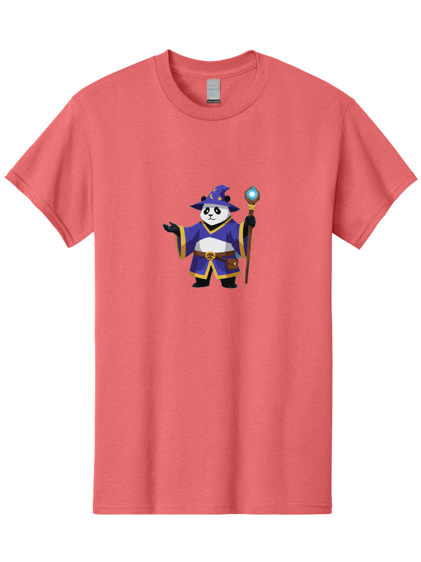 Panda-Wizard-1 Men'S Graphic Tee, 100% Cotton, Comfortable Casual Summer Wear, Machine Washable, Cartoon Panda Wizard, Magical Creature, Fantasy Character, Mystical Staff, Purple Robe, Yellow Trim, Crescent Moon, Stars, Magic Spell, Bae622