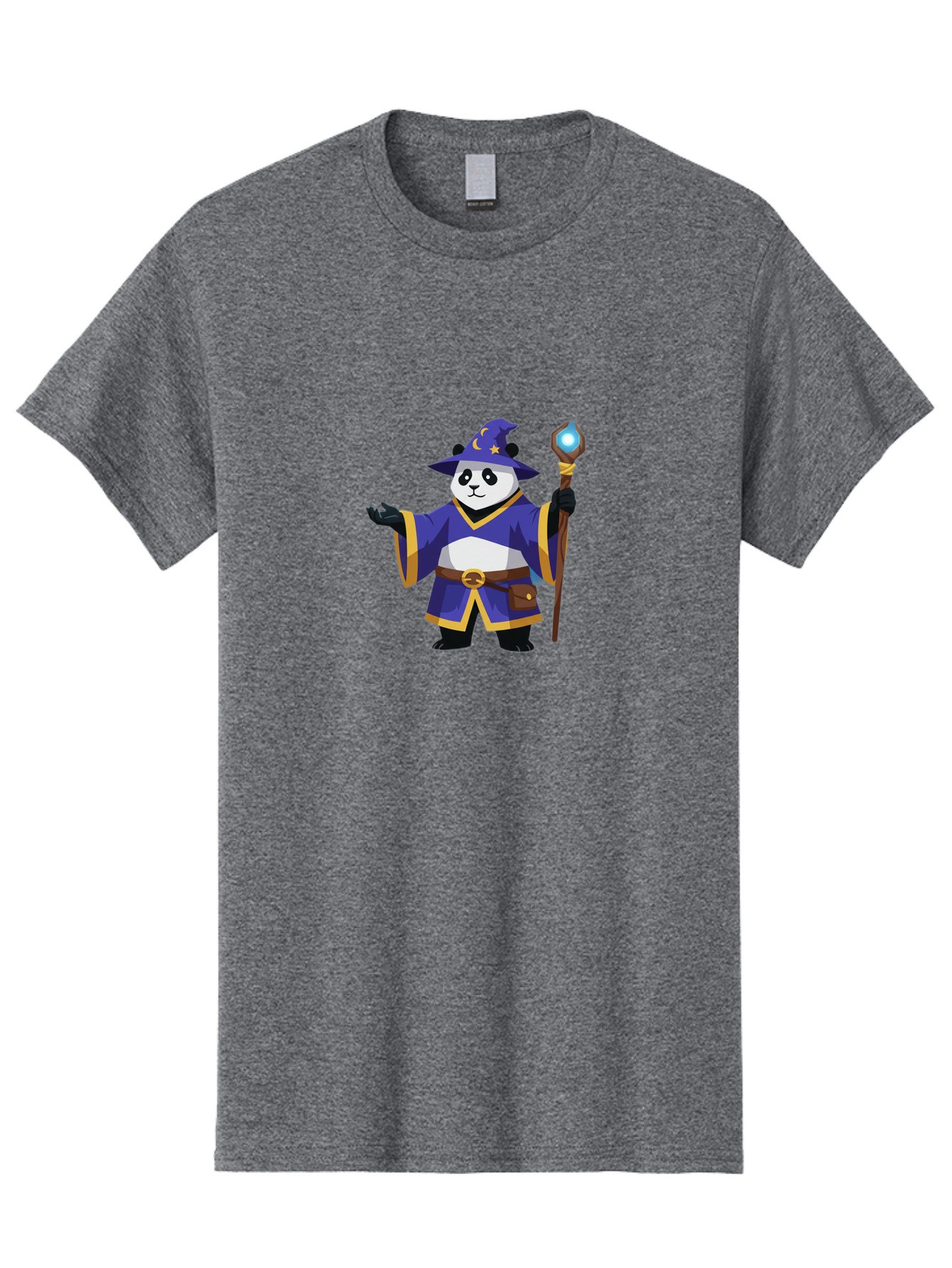 Panda-Wizard-1 Men'S Graphic Tee, 100% Cotton, Comfortable Casual Summer Wear, Machine Washable, Cartoon Panda Wizard, Magical Creature, Fantasy Character, Mystical Staff, Purple Robe, Yellow Trim, Crescent Moon, Stars, Magic Spell, Bae622