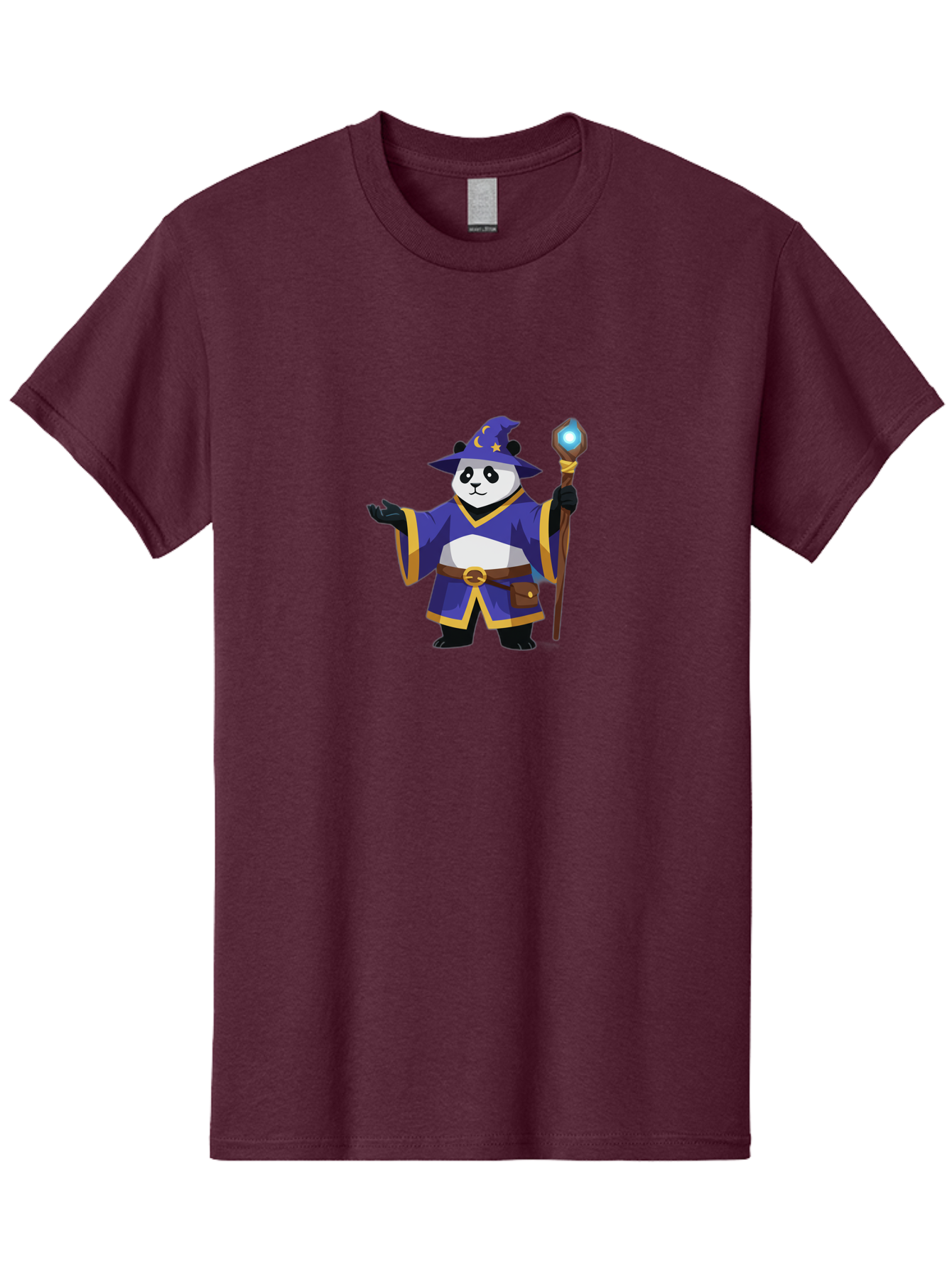 Panda-Wizard-1 Men'S Graphic Tee, 100% Cotton, Comfortable Casual Summer Wear, Machine Washable, Cartoon Panda Wizard, Magical Creature, Fantasy Character, Mystical Staff, Purple Robe, Yellow Trim, Crescent Moon, Stars, Magic Spell, Bae622