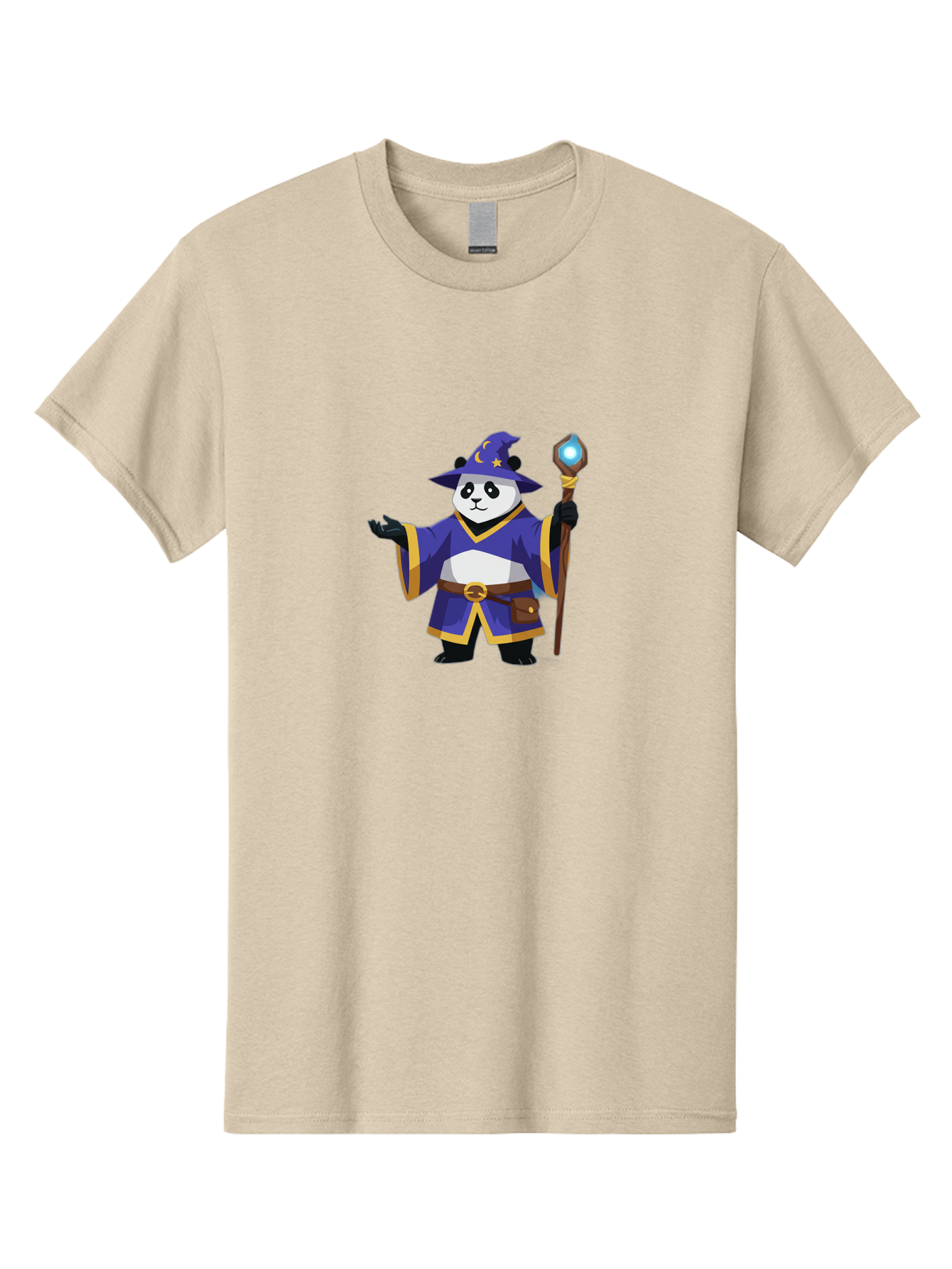 Panda-Wizard-1 Men'S Graphic Tee, 100% Cotton, Comfortable Casual Summer Wear, Machine Washable, Cartoon Panda Wizard, Magical Creature, Fantasy Character, Mystical Staff, Purple Robe, Yellow Trim, Crescent Moon, Stars, Magic Spell, Bae622