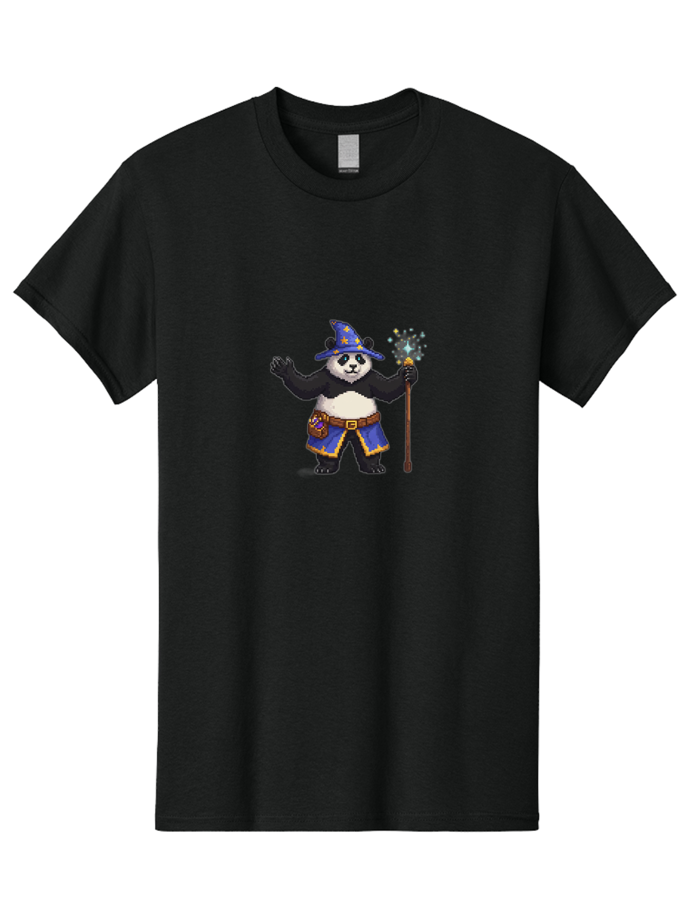 Panda-Wizard-2 Men'S Graphic Tee, 100% Cotton, Comfortable Casual Summer Wear, Machine Washable, Pixel Art, Panda Bear, Wizard Hat, Magic Wand, Fantasy Character, Pixelated Illustration, Cartoon Style, Magical Creature, Blue Robes, Bae623