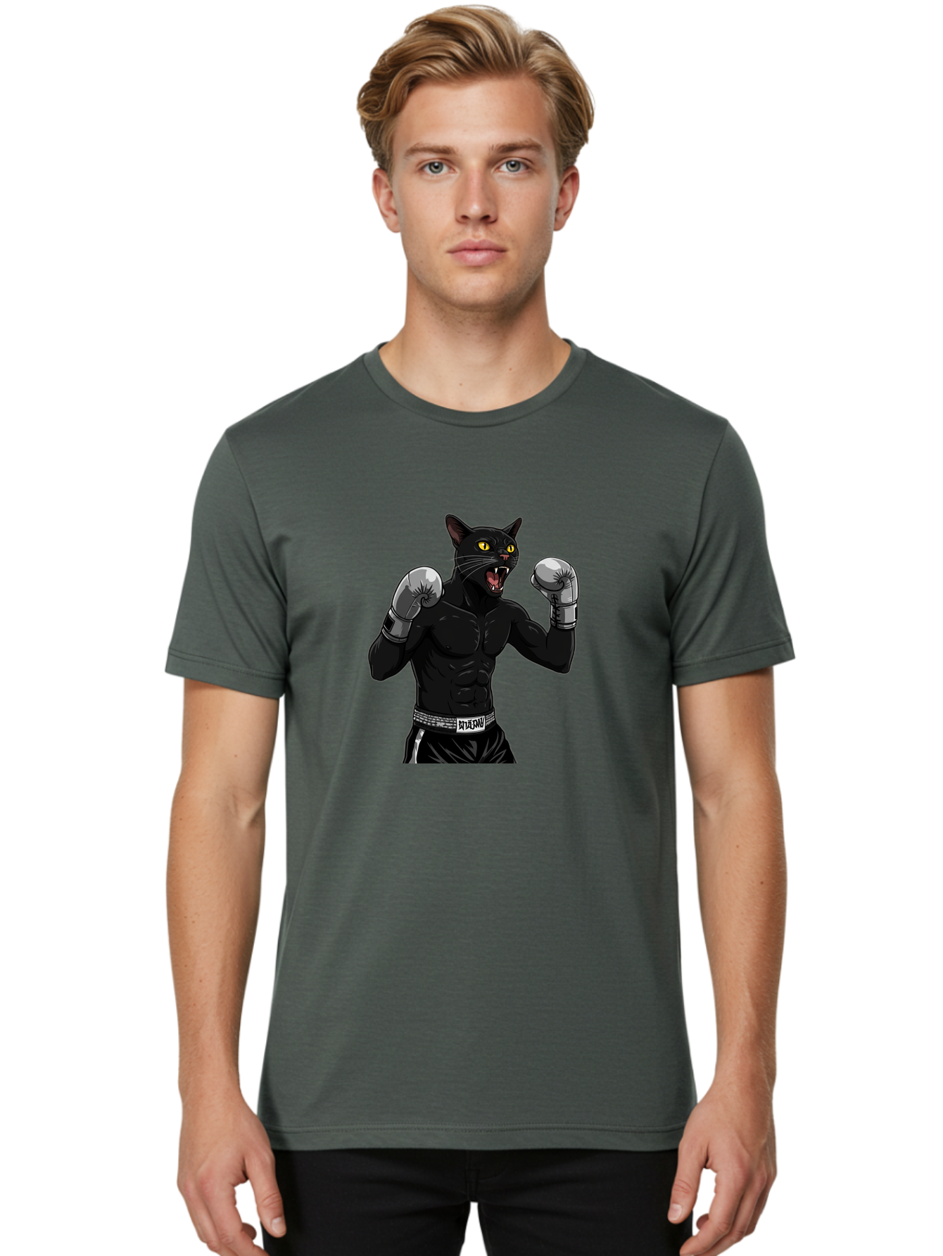 Panther-Boxing Men'S Graphic Tee, 100% Cotton, Comfortable Casual Summer Wear, Machine Washable, Boxing Cat, Muscular Cat, Black Panther, Cat With Boxing Gloves, Fight Mode, Riptide, Feline Boxer, Intense Expression, Cartoon Character Bae627