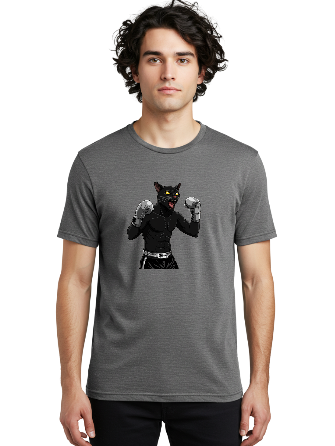 Panther-Boxing Men'S Graphic Tee, 100% Cotton, Comfortable Casual Summer Wear, Machine Washable, Boxing Cat, Muscular Cat, Black Panther, Cat With Boxing Gloves, Fight Mode, Riptide, Feline Boxer, Intense Expression, Cartoon Character Bae627