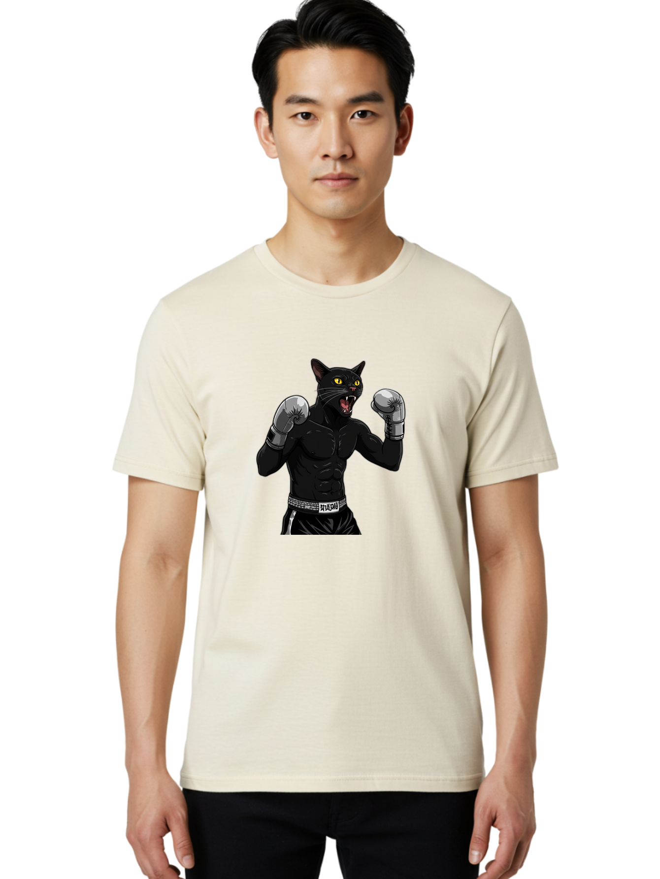 Panther-Boxing Men'S Graphic Tee, 100% Cotton, Comfortable Casual Summer Wear, Machine Washable, Boxing Cat, Muscular Cat, Black Panther, Cat With Boxing Gloves, Fight Mode, Riptide, Feline Boxer, Intense Expression, Cartoon Character Bae627