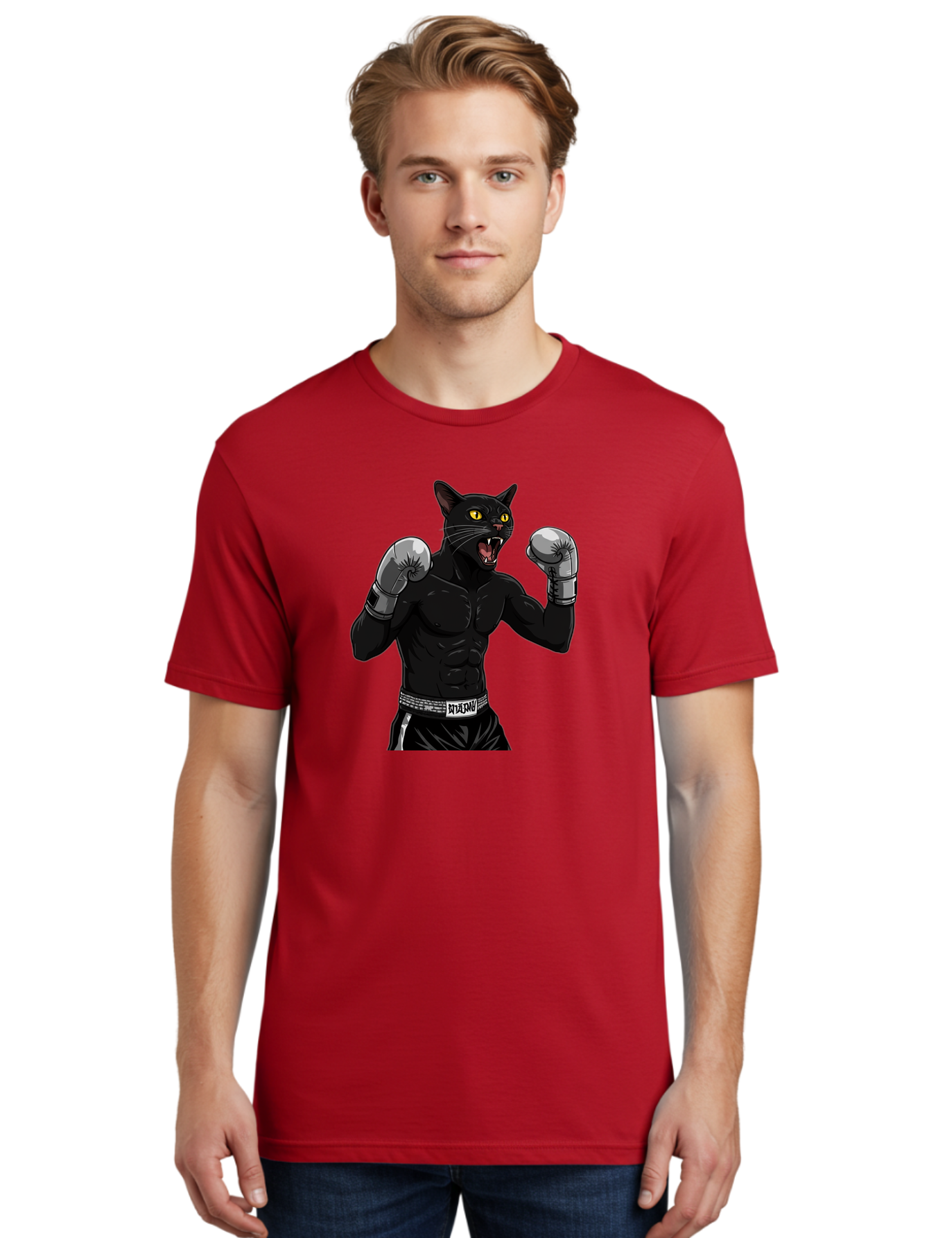 Panther-Boxing Men'S Graphic Tee, 100% Cotton, Comfortable Casual Summer Wear, Machine Washable, Boxing Cat, Muscular Cat, Black Panther, Cat With Boxing Gloves, Fight Mode, Riptide, Feline Boxer, Intense Expression, Cartoon Character Bae627