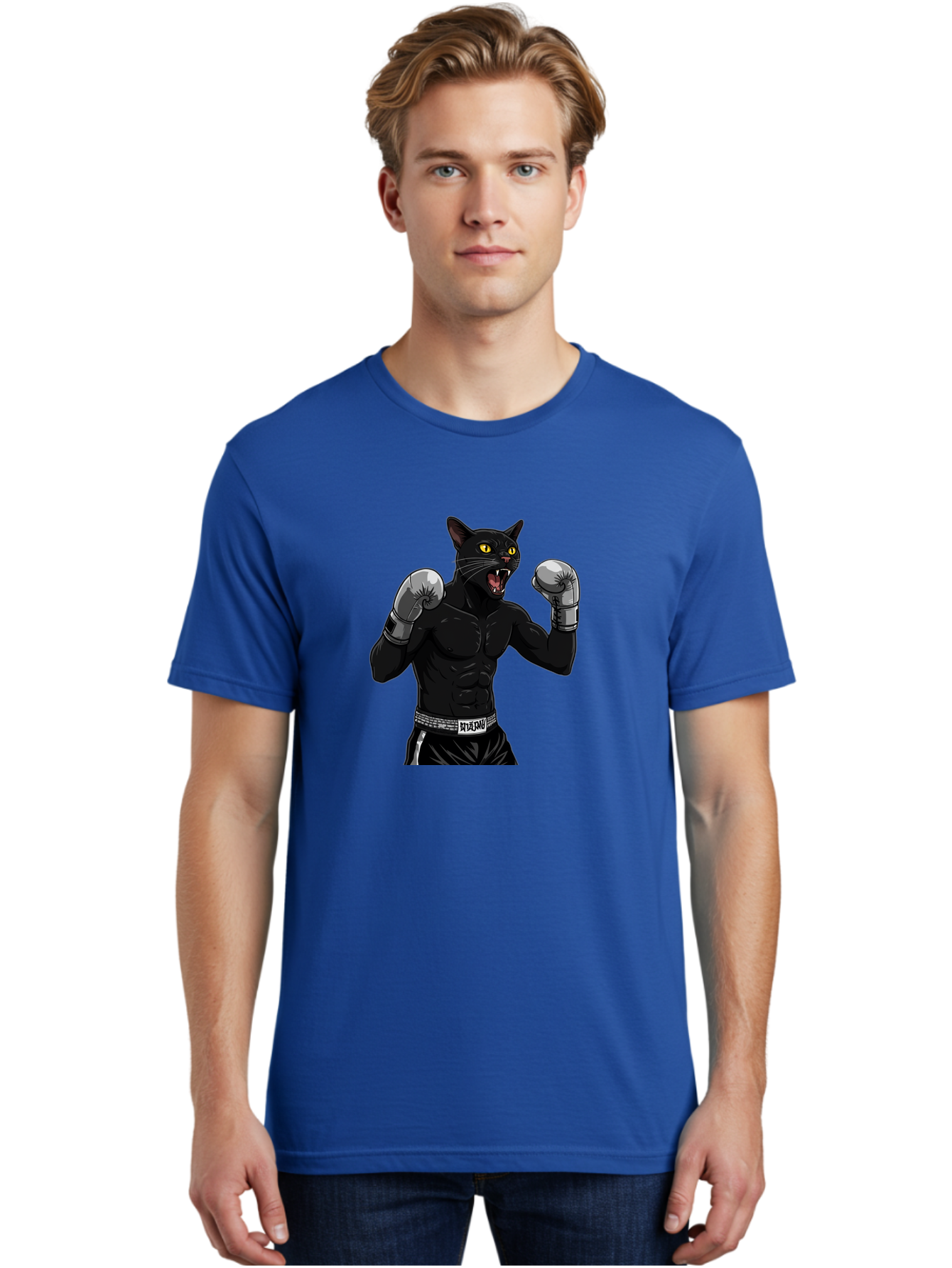 Panther-Boxing Men'S Graphic Tee, 100% Cotton, Comfortable Casual Summer Wear, Machine Washable, Boxing Cat, Muscular Cat, Black Panther, Cat With Boxing Gloves, Fight Mode, Riptide, Feline Boxer, Intense Expression, Cartoon Character Bae627