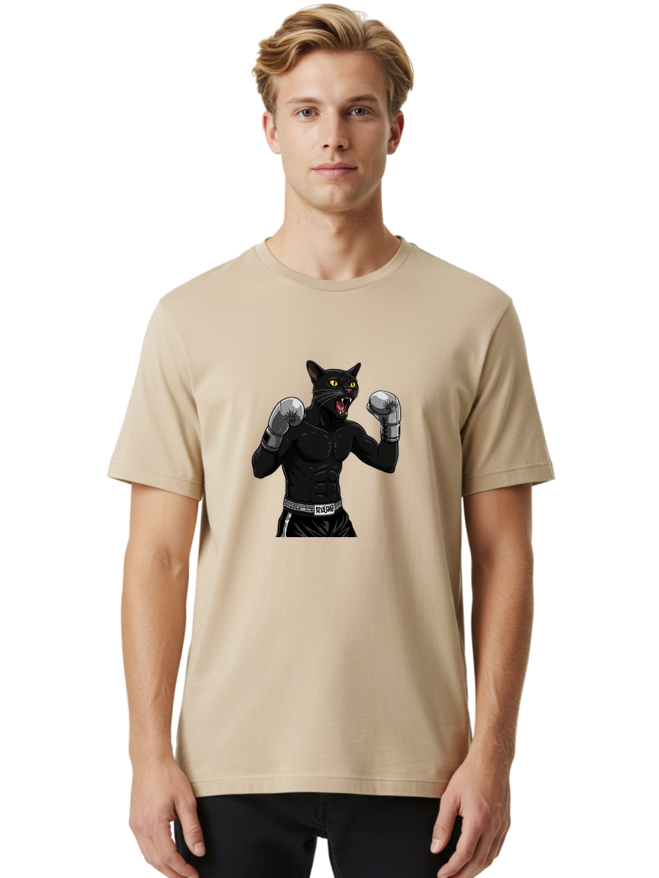 Panther-Boxing Men'S Graphic Tee, 100% Cotton, Comfortable Casual Summer Wear, Machine Washable, Boxing Cat, Muscular Cat, Black Panther, Cat With Boxing Gloves, Fight Mode, Riptide, Feline Boxer, Intense Expression, Cartoon Character Bae627