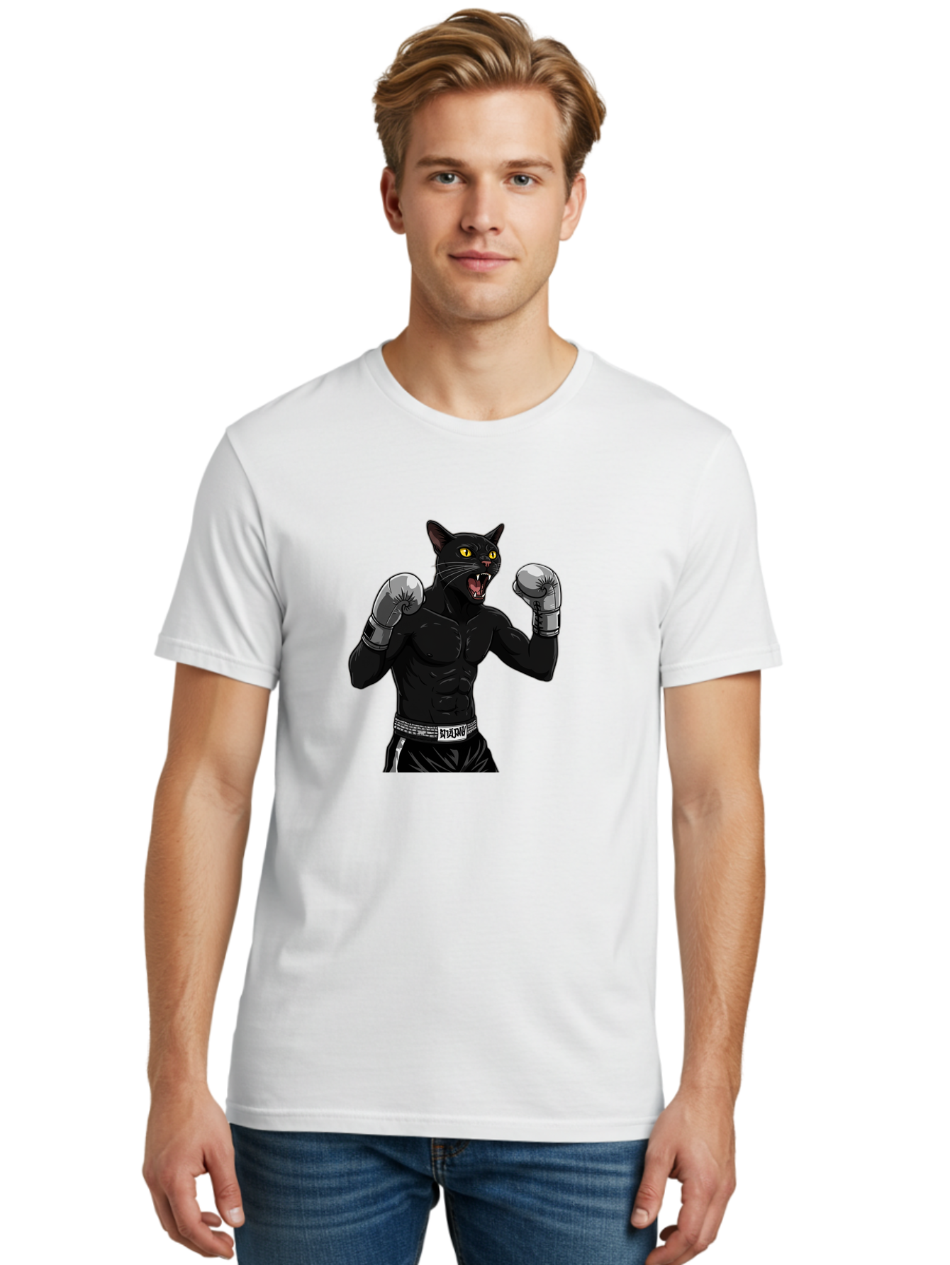 Panther-Boxing Men'S Graphic Tee, 100% Cotton, Comfortable Casual Summer Wear, Machine Washable, Boxing Cat, Muscular Cat, Black Panther, Cat With Boxing Gloves, Fight Mode, Riptide, Feline Boxer, Intense Expression, Cartoon Character Bae627