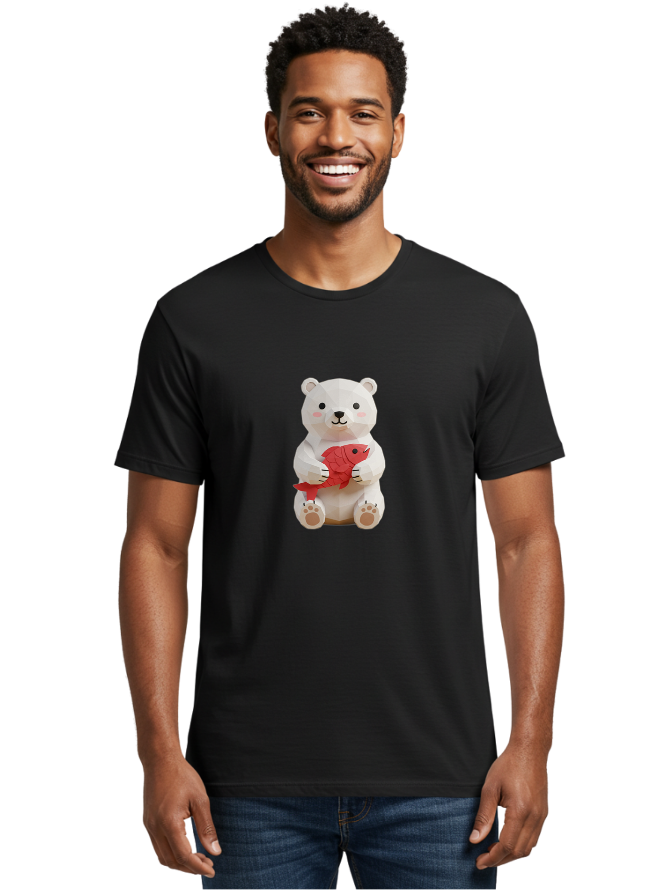 Paper-Polar-Bear Men'S Graphic Tee, 100% Cotton, Comfortable Casual Summer Wear, Machine Washable, White Polar Bear, Cute Cartoon, Red Fish, Kawaii Animals, Playful Illustration, 3D Art, Digital Character, Adorable, Holding Fish Bae629