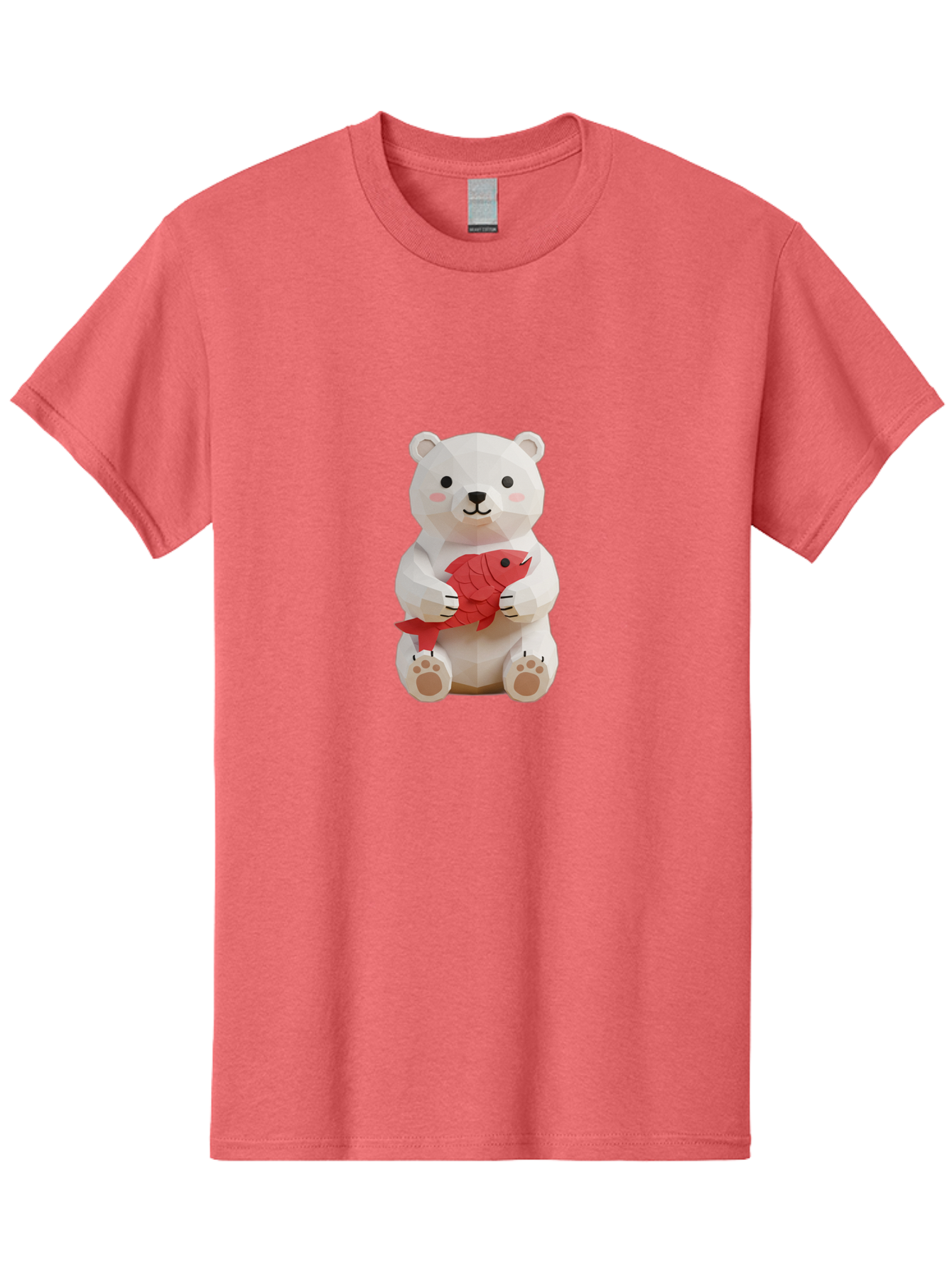 Paper-Polar-Bear Men'S Graphic Tee, 100% Cotton, Comfortable Casual Summer Wear, Machine Washable, White Polar Bear, Cute Cartoon, Red Fish, Kawaii Animals, Playful Illustration, 3D Art, Digital Character, Adorable, Holding Fish Bae629