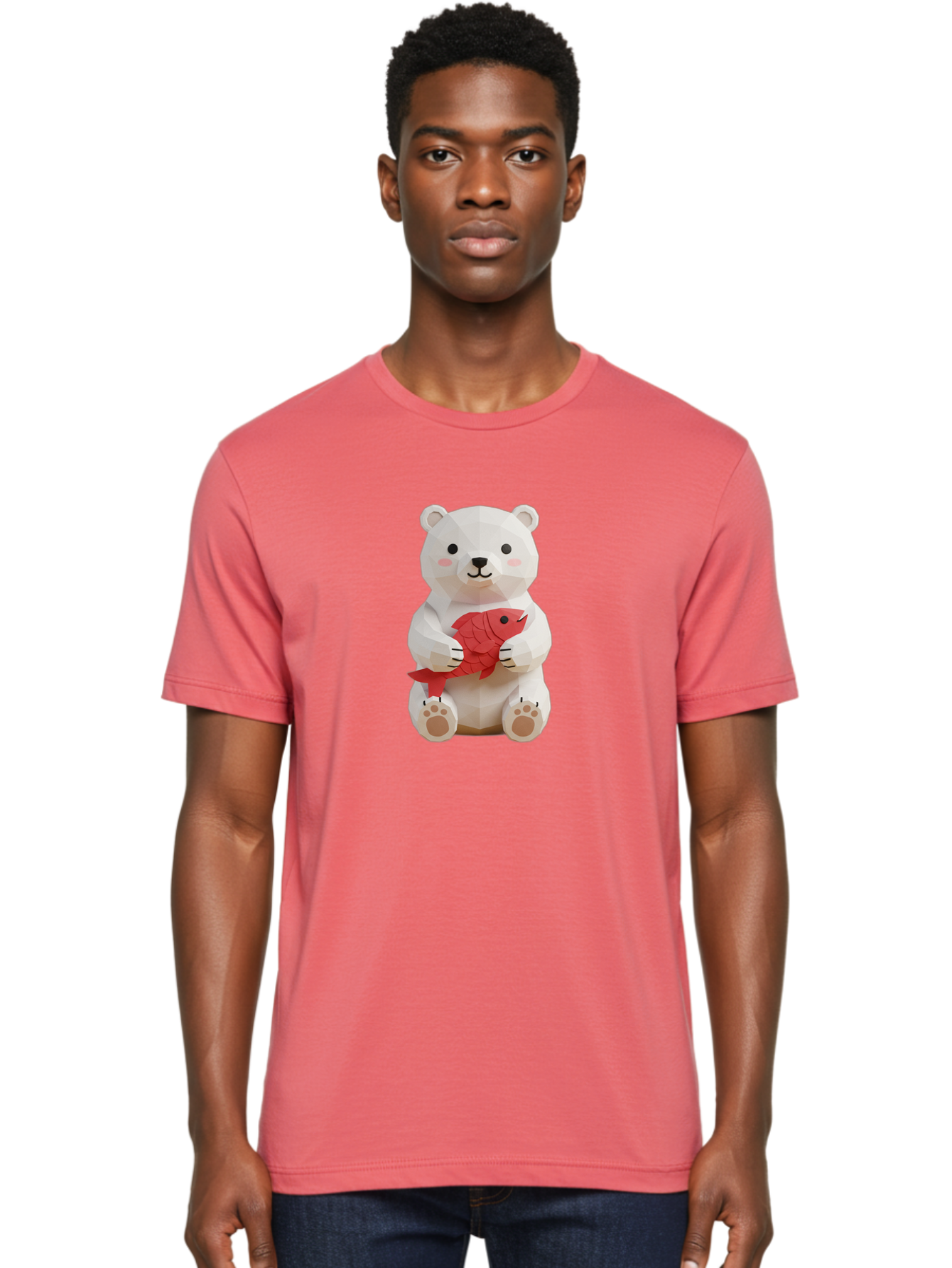 Paper-Polar-Bear Men'S Graphic Tee, 100% Cotton, Comfortable Casual Summer Wear, Machine Washable, White Polar Bear, Cute Cartoon, Red Fish, Kawaii Animals, Playful Illustration, 3D Art, Digital Character, Adorable, Holding Fish Bae629