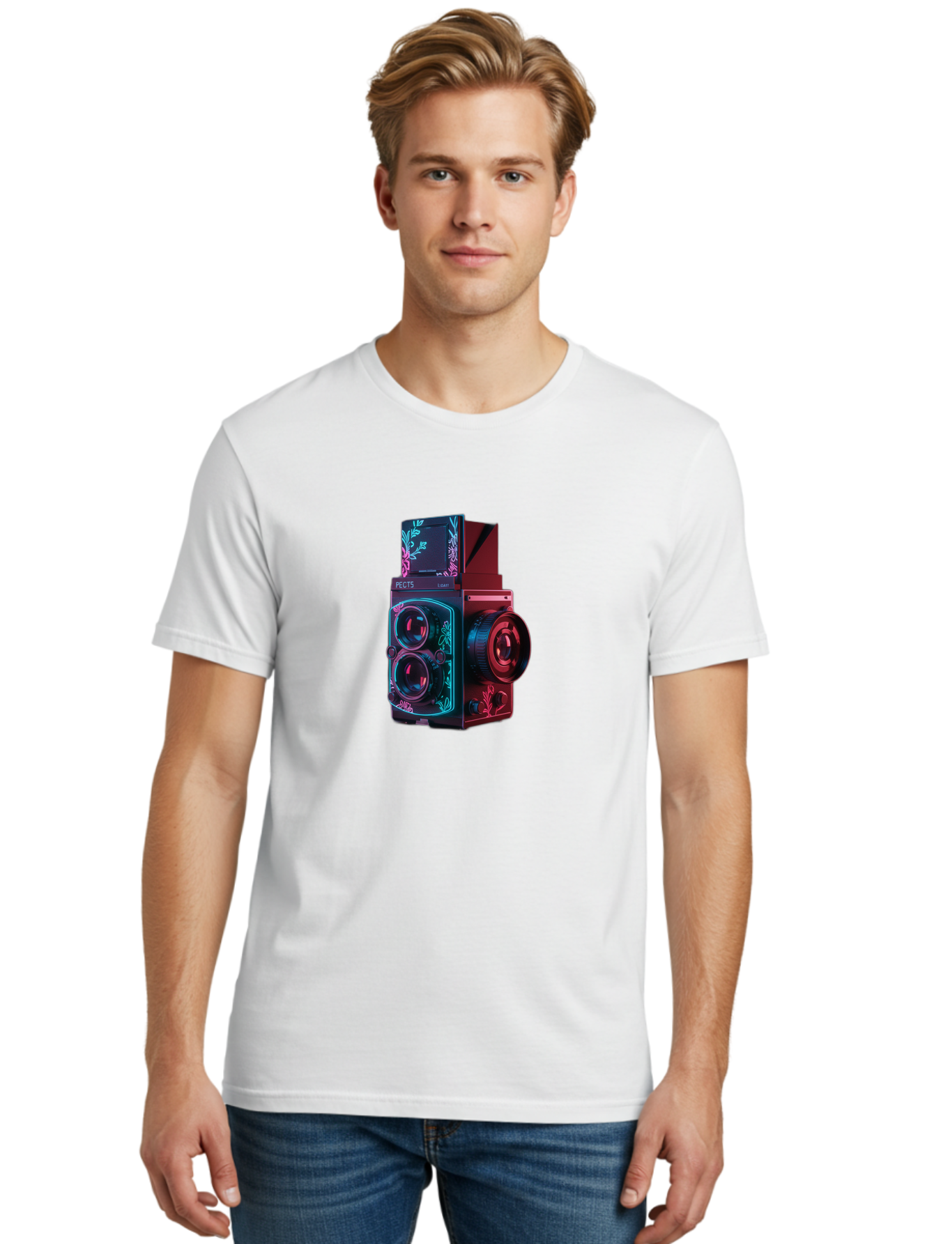 Pects-Lumary Men'S Graphic Tee, 100% Cotton, Comfortable Casual Summer Wear, Machine Washable, Pects Lumary Camera, Professional Photography, Neon Lights, Futuristic Design, Camera Equipment, Floral Patterns, Vibrant Colors, Photography Gear, Bae631