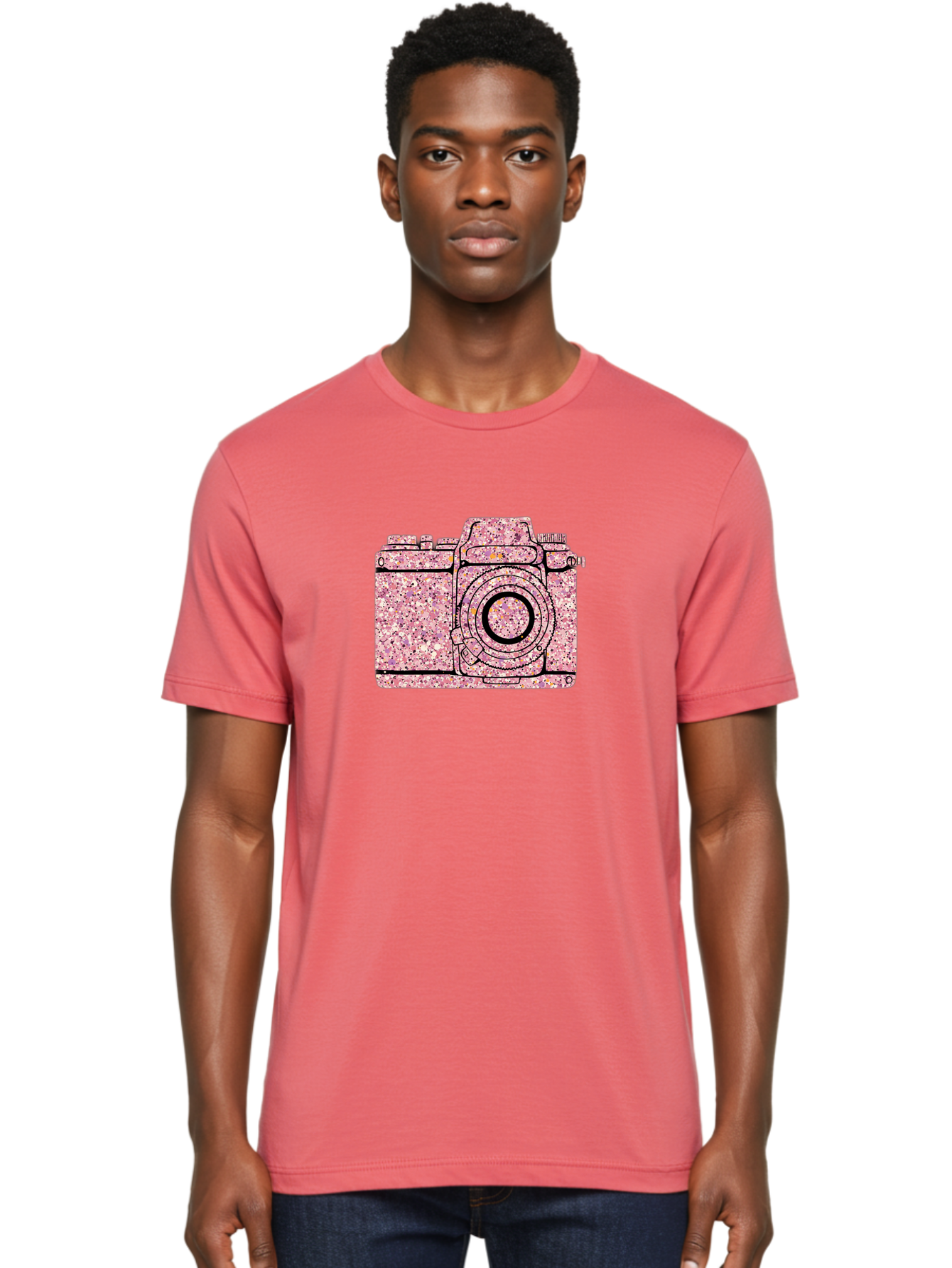 Pink-Camera Men'S Graphic Tee, 100% Cotton, Comfortable Casual Summer Wear, Machine Washable, Pink Camera Illustration, Digital Camera, Photography Equipment, Speckled Texture, Pink And Black Design, Camera, Photography Bae632