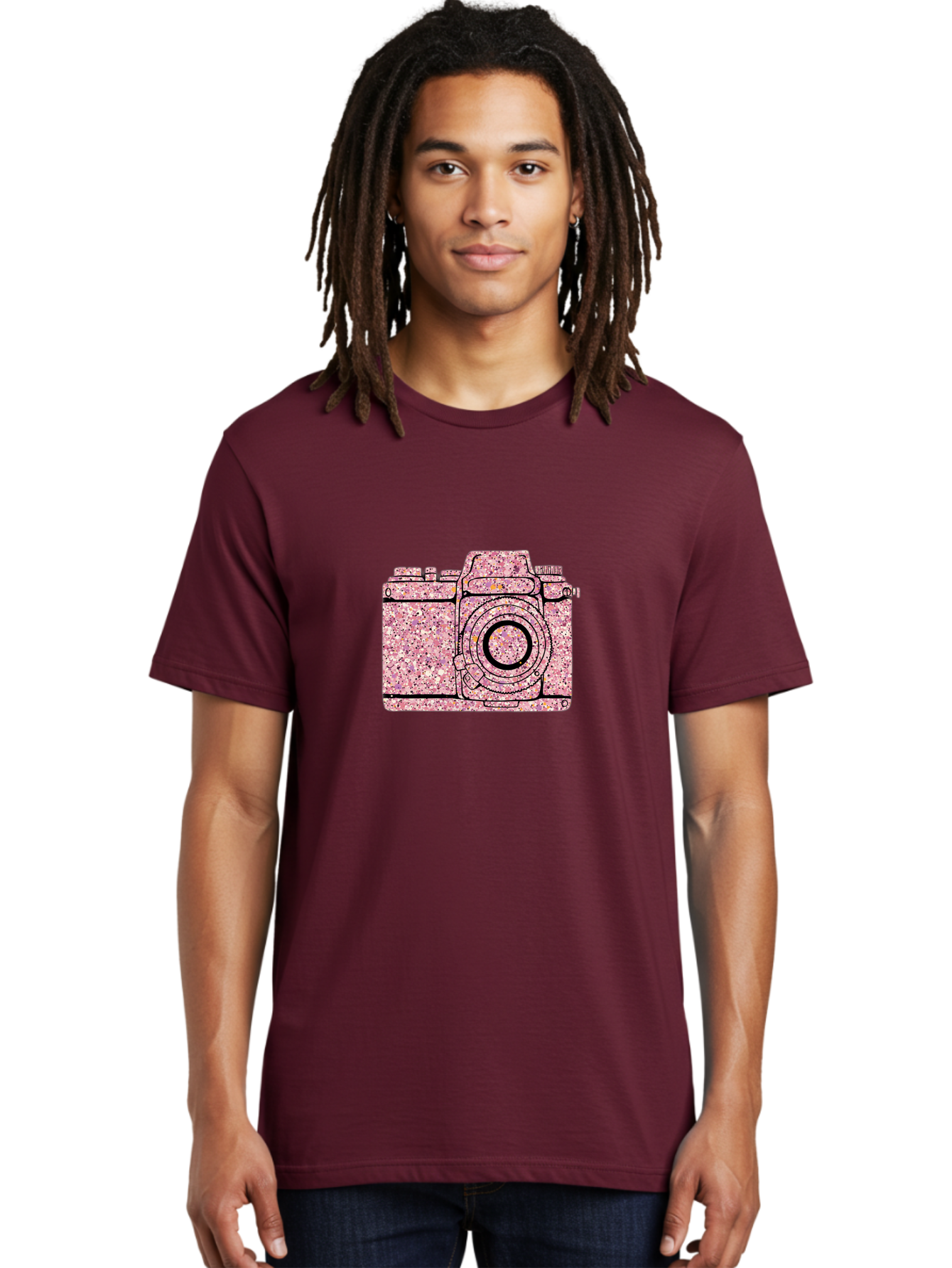 Pink-Camera Men'S Graphic Tee, 100% Cotton, Comfortable Casual Summer Wear, Machine Washable, Pink Camera Illustration, Digital Camera, Photography Equipment, Speckled Texture, Pink And Black Design, Camera, Photography Bae632