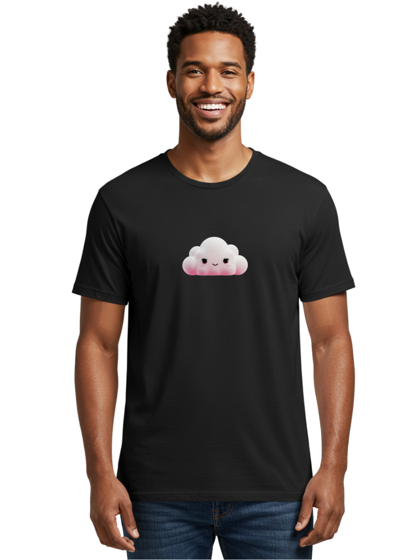 Pink-Cloud Men'S Graphic Tee, 100% Cotton, Comfortable Casual Summer Wear, Machine Washable, Kawaii Cloud, Cute Cartoon Character, Smiling Face, Fluffy White Cloud, Pastel Colors, Cheerful Design, Adorable Illustration, Fluffy Texture Bae634