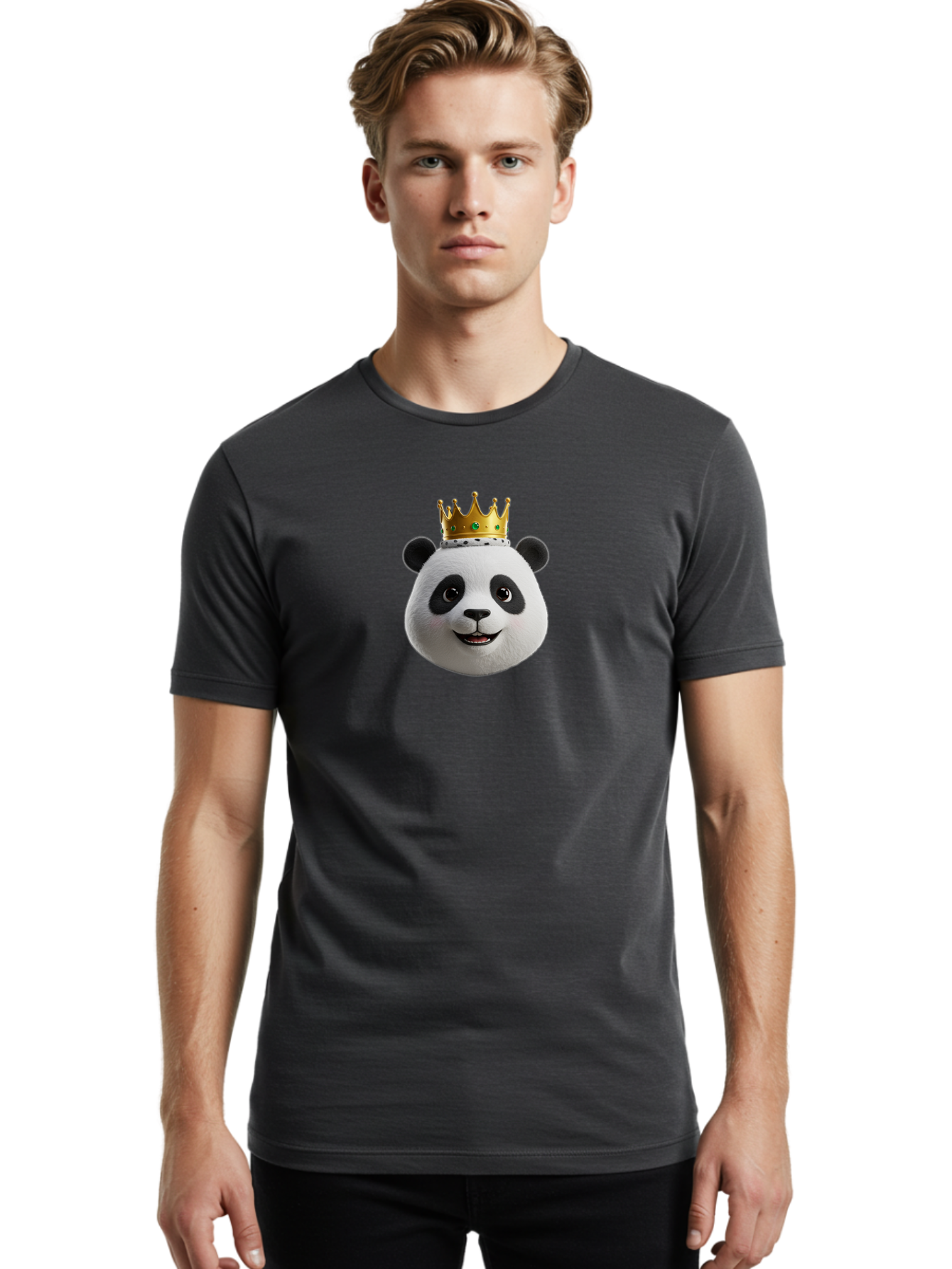 Po Men'S Graphic Tee, 100% Cotton, Comfortable Casual Summer Wear, Machine Washable, Kung Fu Panda, Po'S Face, Cartoon Panda, Crown Icon, Royal Treatment, Animated Character, Adorable Expression, Funny Face, King Of Pandas, Bae637