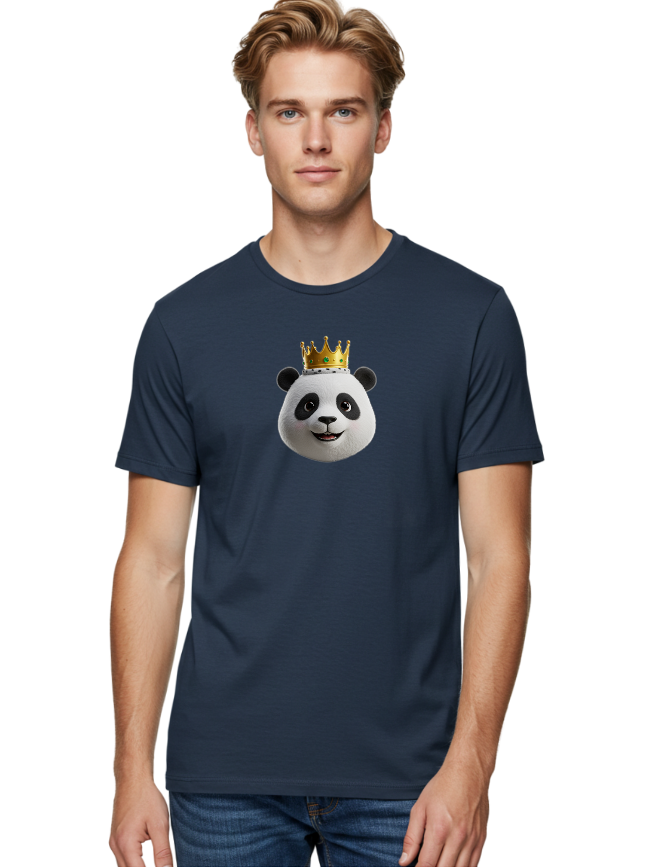 Po Men'S Graphic Tee, 100% Cotton, Comfortable Casual Summer Wear, Machine Washable, Kung Fu Panda, Po'S Face, Cartoon Panda, Crown Icon, Royal Treatment, Animated Character, Adorable Expression, Funny Face, King Of Pandas, Bae637