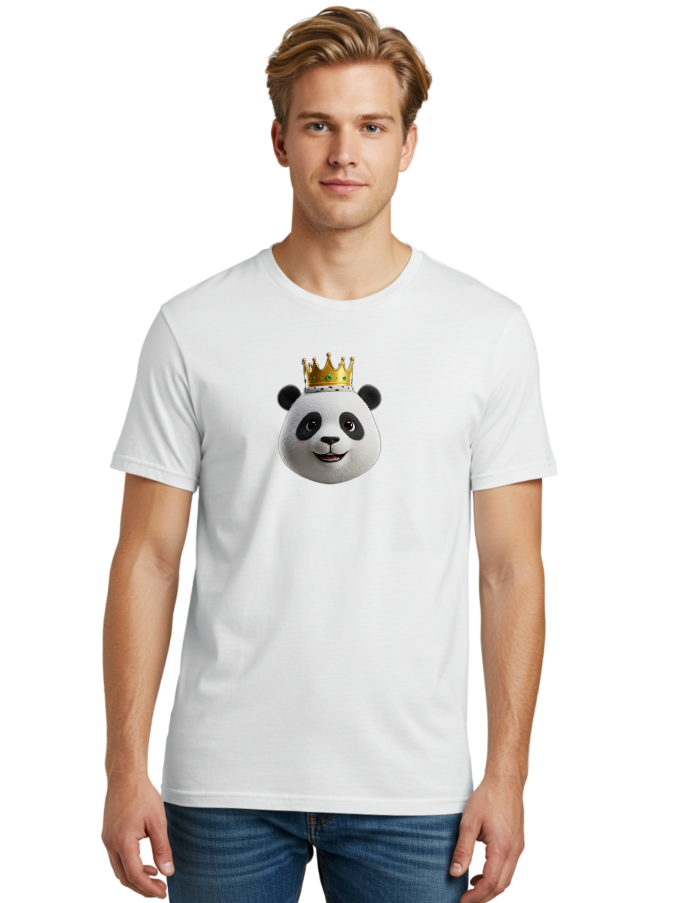 Po Men'S Graphic Tee, 100% Cotton, Comfortable Casual Summer Wear, Machine Washable, Kung Fu Panda, Po'S Face, Cartoon Panda, Crown Icon, Royal Treatment, Animated Character, Adorable Expression, Funny Face, King Of Pandas, Bae637