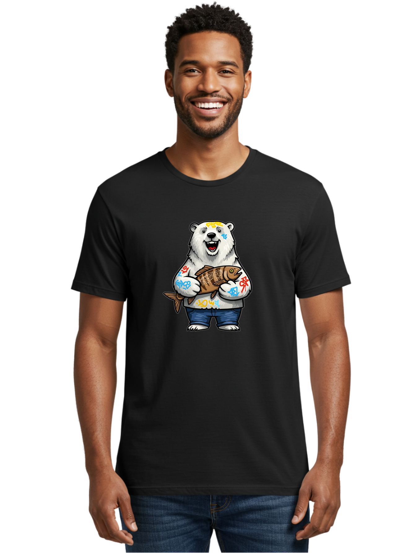 Polar-Bear-1 Men'S Graphic Tee, 100% Cotton, Comfortable Casual Summer Wear, Machine Washable, Polar Bear Holding Fish, Cartoon Character, Graffiti Art, Streetwear Style, Urban Wildlife, Cool Bear, Fish In Hands, Funny Bear, Kawaii Art, Bae638