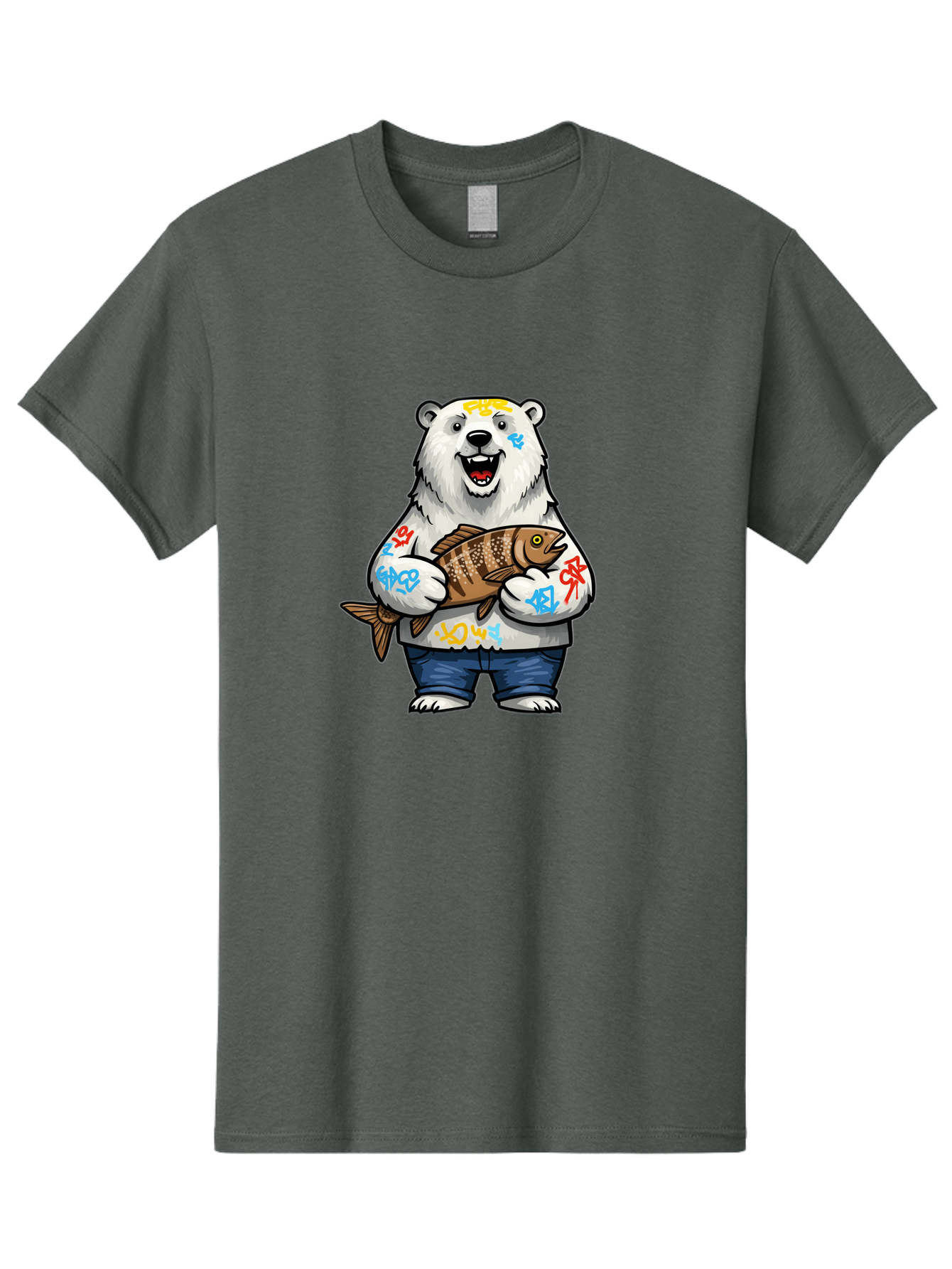 Polar-Bear-1 Men'S Graphic Tee, 100% Cotton, Comfortable Casual Summer Wear, Machine Washable, Polar Bear Holding Fish, Cartoon Character, Graffiti Art, Streetwear Style, Urban Wildlife, Cool Bear, Fish In Hands, Funny Bear, Kawaii Art, Bae638