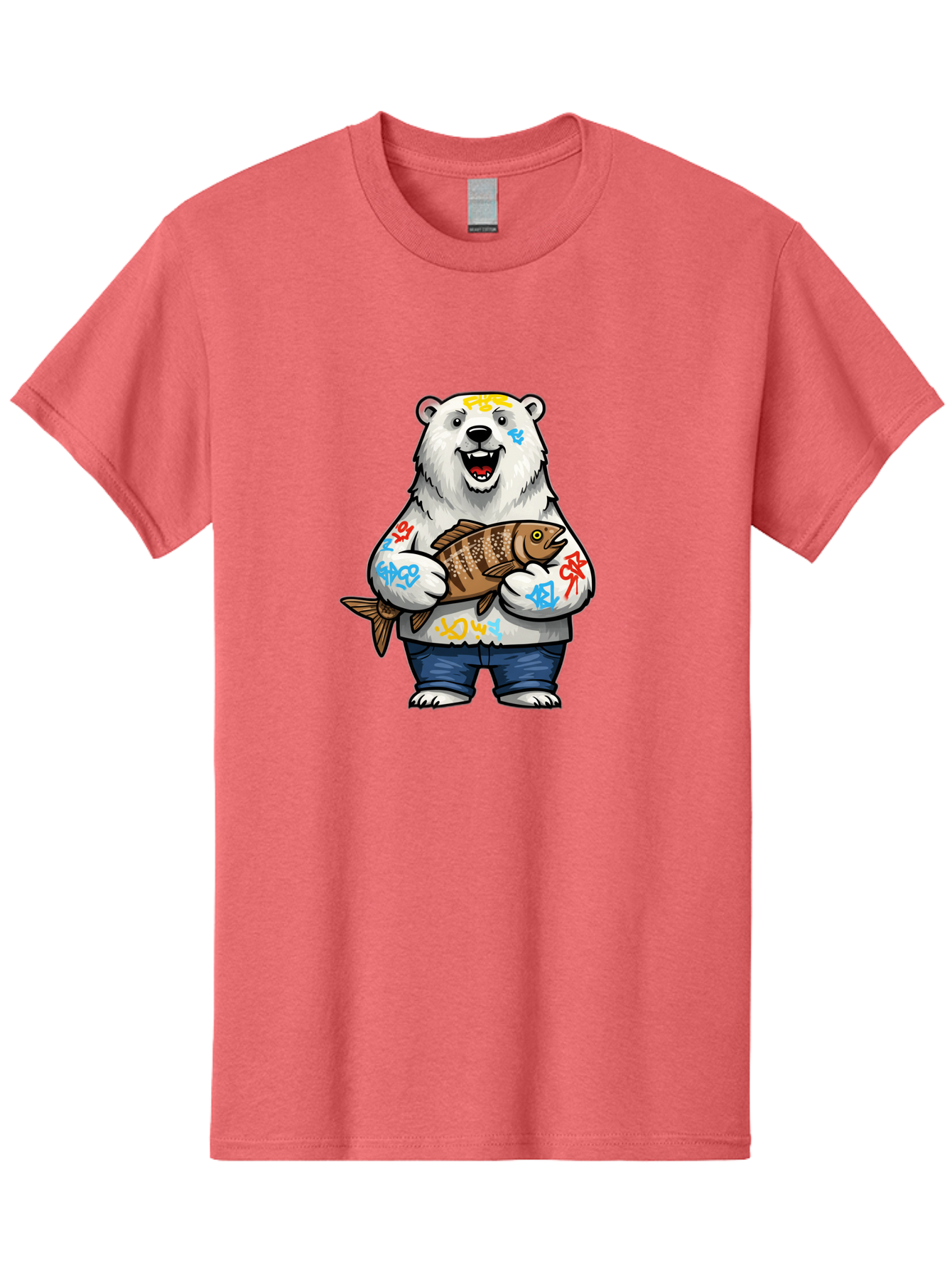Polar-Bear-1 Men'S Graphic Tee, 100% Cotton, Comfortable Casual Summer Wear, Machine Washable, Polar Bear Holding Fish, Cartoon Character, Graffiti Art, Streetwear Style, Urban Wildlife, Cool Bear, Fish In Hands, Funny Bear, Kawaii Art, Bae638