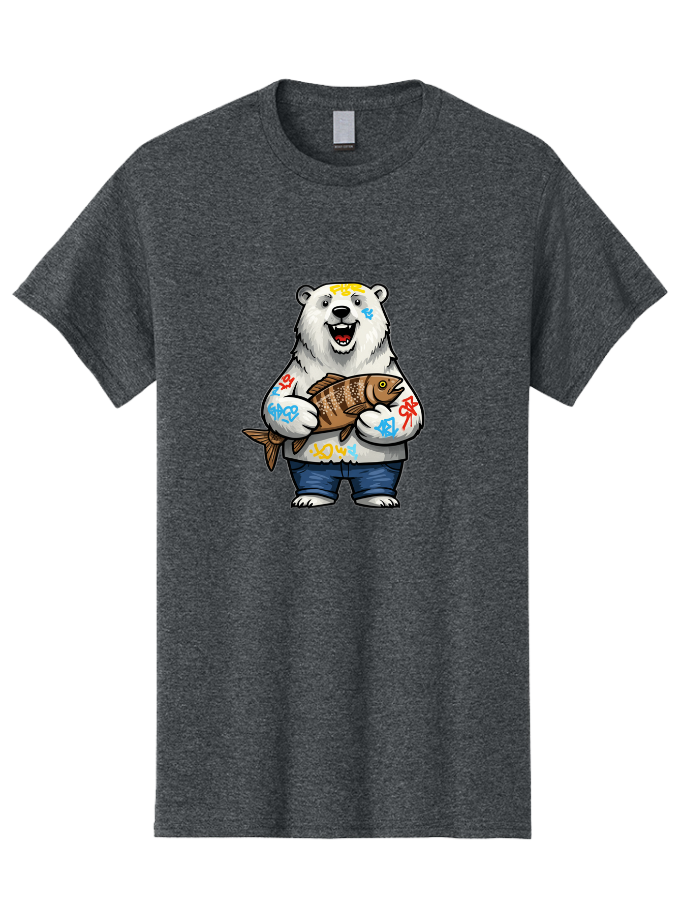 Polar-Bear-1 Men'S Graphic Tee, 100% Cotton, Comfortable Casual Summer Wear, Machine Washable, Polar Bear Holding Fish, Cartoon Character, Graffiti Art, Streetwear Style, Urban Wildlife, Cool Bear, Fish In Hands, Funny Bear, Kawaii Art, Bae638