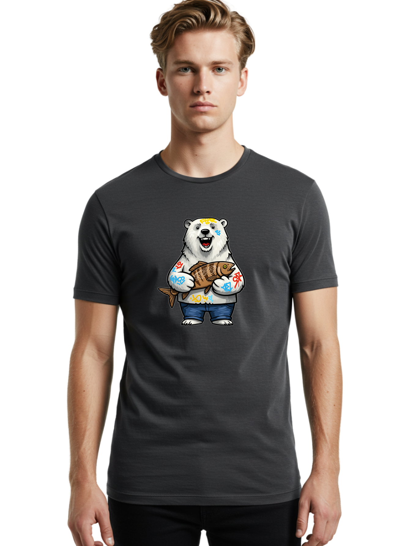 Polar-Bear-1 Men'S Graphic Tee, 100% Cotton, Comfortable Casual Summer Wear, Machine Washable, Polar Bear Holding Fish, Cartoon Character, Graffiti Art, Streetwear Style, Urban Wildlife, Cool Bear, Fish In Hands, Funny Bear, Kawaii Art, Bae638