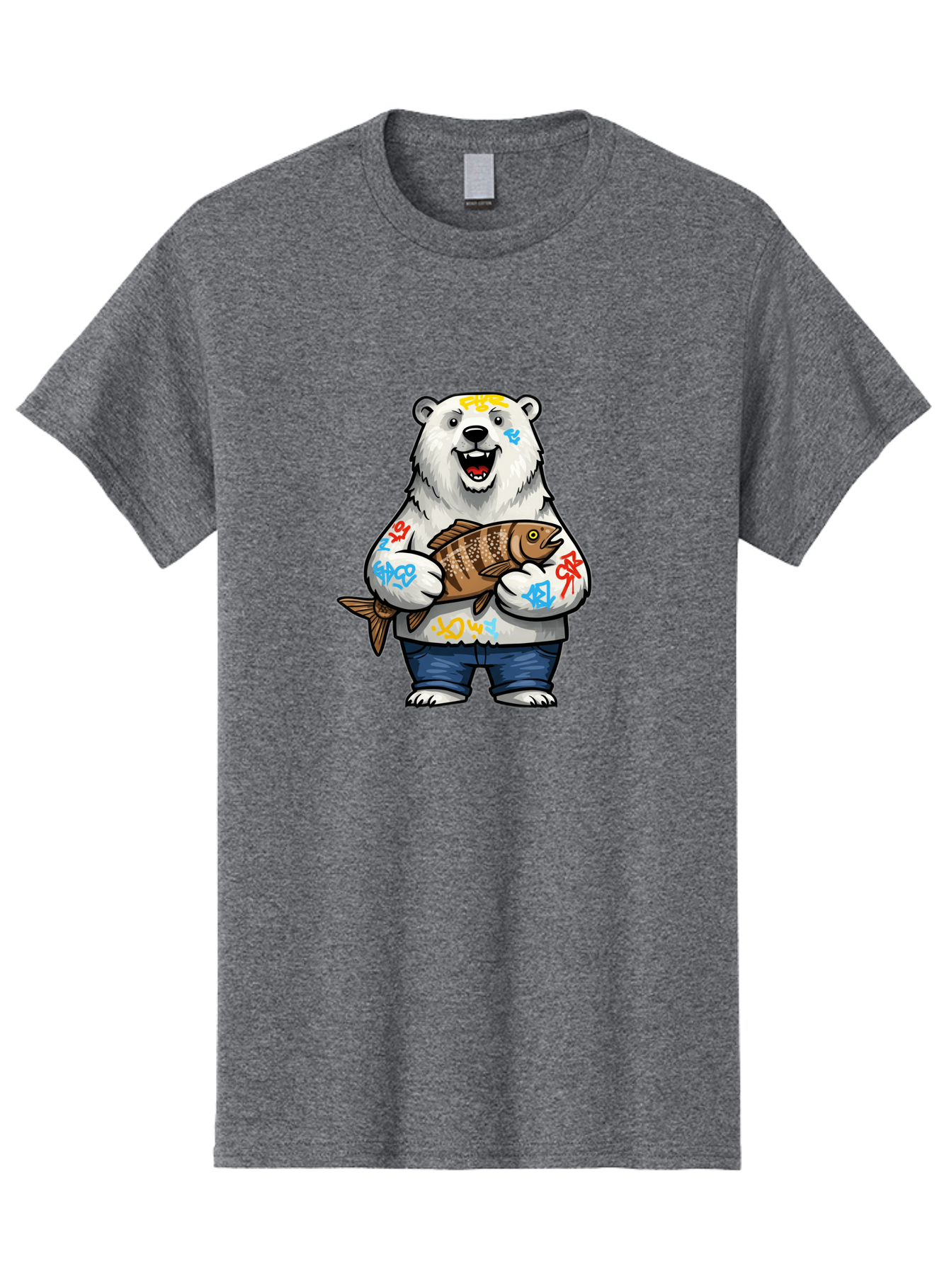 Polar-Bear-1 Men'S Graphic Tee, 100% Cotton, Comfortable Casual Summer Wear, Machine Washable, Polar Bear Holding Fish, Cartoon Character, Graffiti Art, Streetwear Style, Urban Wildlife, Cool Bear, Fish In Hands, Funny Bear, Kawaii Art, Bae638