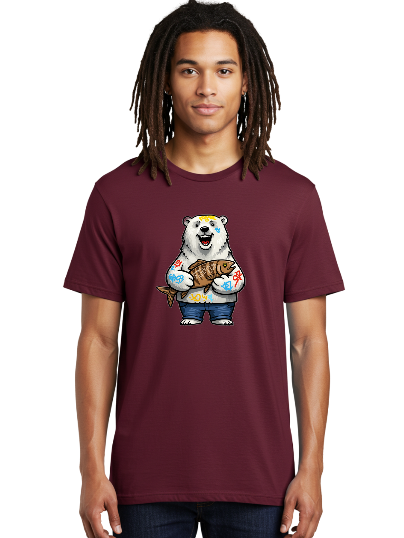 Polar-Bear-1 Men'S Graphic Tee, 100% Cotton, Comfortable Casual Summer Wear, Machine Washable, Polar Bear Holding Fish, Cartoon Character, Graffiti Art, Streetwear Style, Urban Wildlife, Cool Bear, Fish In Hands, Funny Bear, Kawaii Art, Bae638