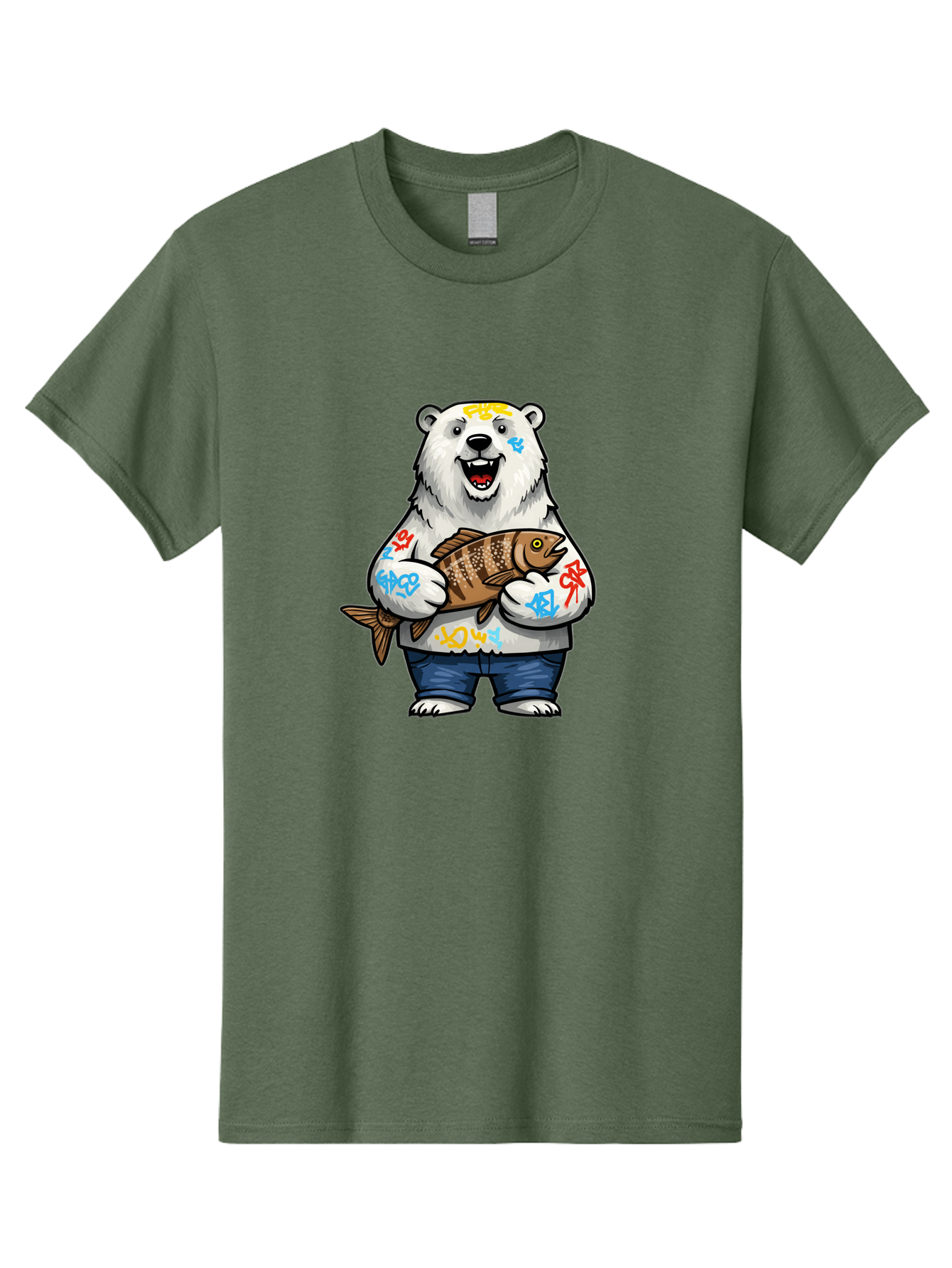 Polar-Bear-1 Men'S Graphic Tee, 100% Cotton, Comfortable Casual Summer Wear, Machine Washable, Polar Bear Holding Fish, Cartoon Character, Graffiti Art, Streetwear Style, Urban Wildlife, Cool Bear, Fish In Hands, Funny Bear, Kawaii Art, Bae638