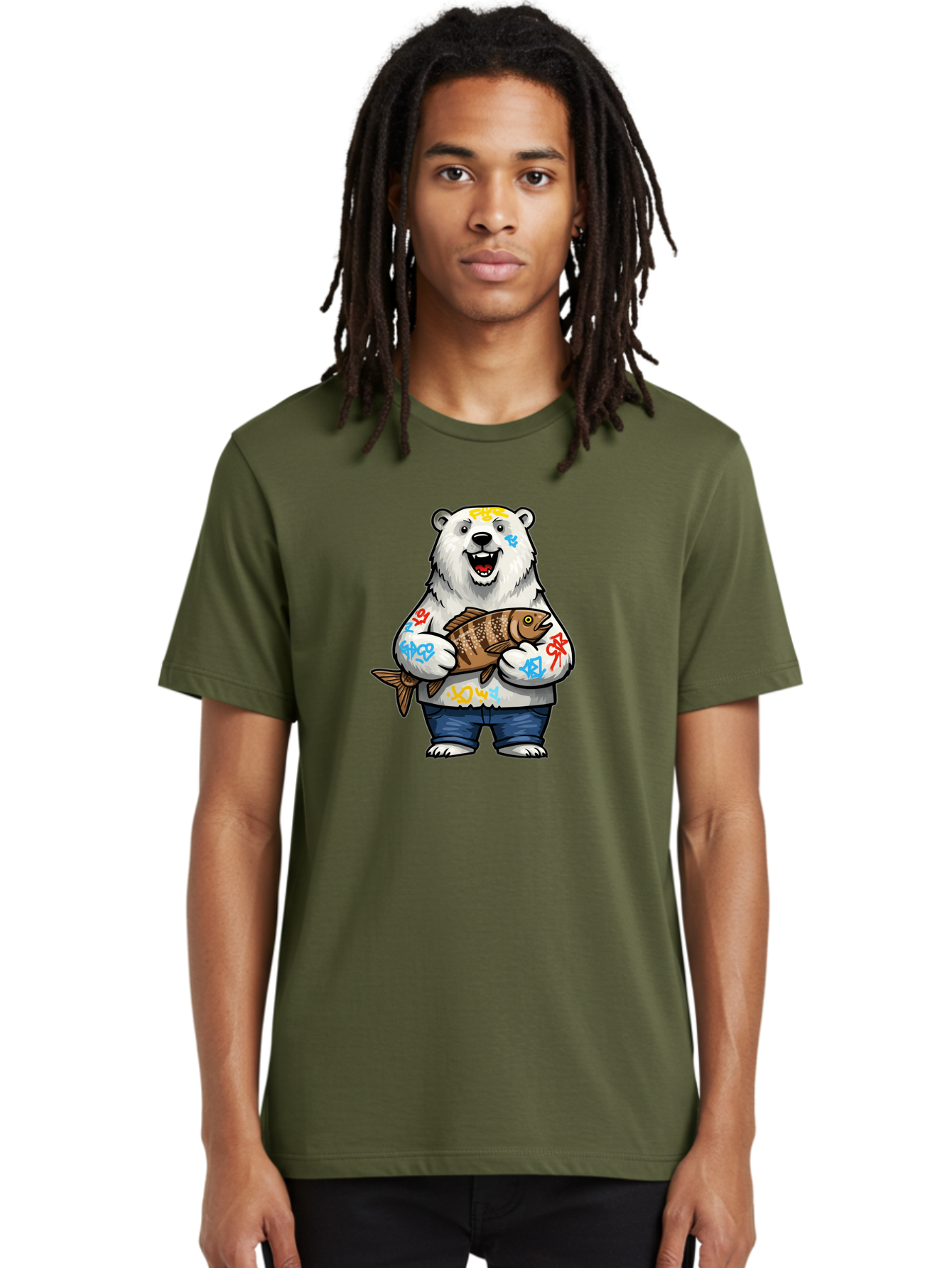 Polar-Bear-1 Men'S Graphic Tee, 100% Cotton, Comfortable Casual Summer Wear, Machine Washable, Polar Bear Holding Fish, Cartoon Character, Graffiti Art, Streetwear Style, Urban Wildlife, Cool Bear, Fish In Hands, Funny Bear, Kawaii Art, Bae638