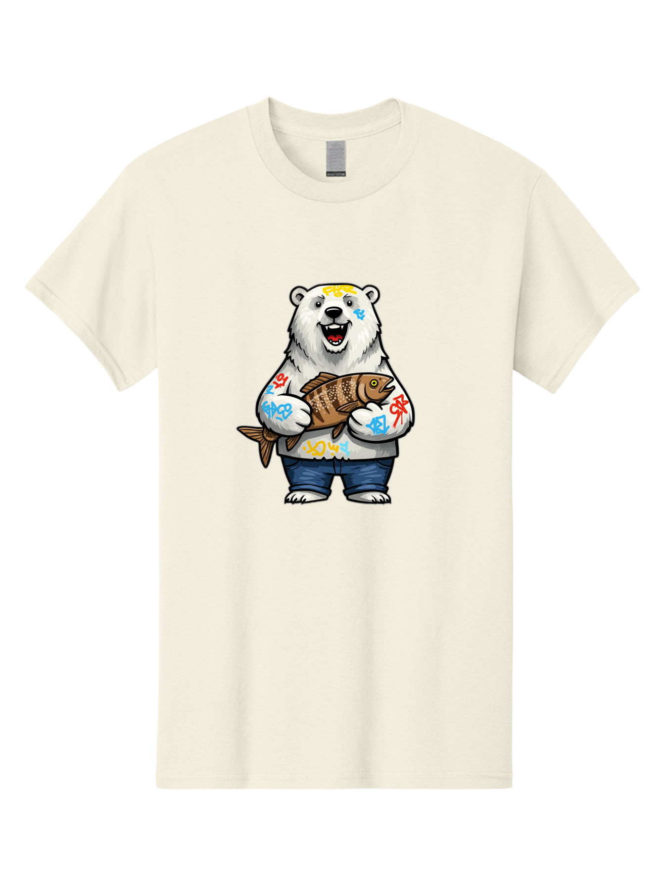 Polar-Bear-1 Men'S Graphic Tee, 100% Cotton, Comfortable Casual Summer Wear, Machine Washable, Polar Bear Holding Fish, Cartoon Character, Graffiti Art, Streetwear Style, Urban Wildlife, Cool Bear, Fish In Hands, Funny Bear, Kawaii Art, Bae638