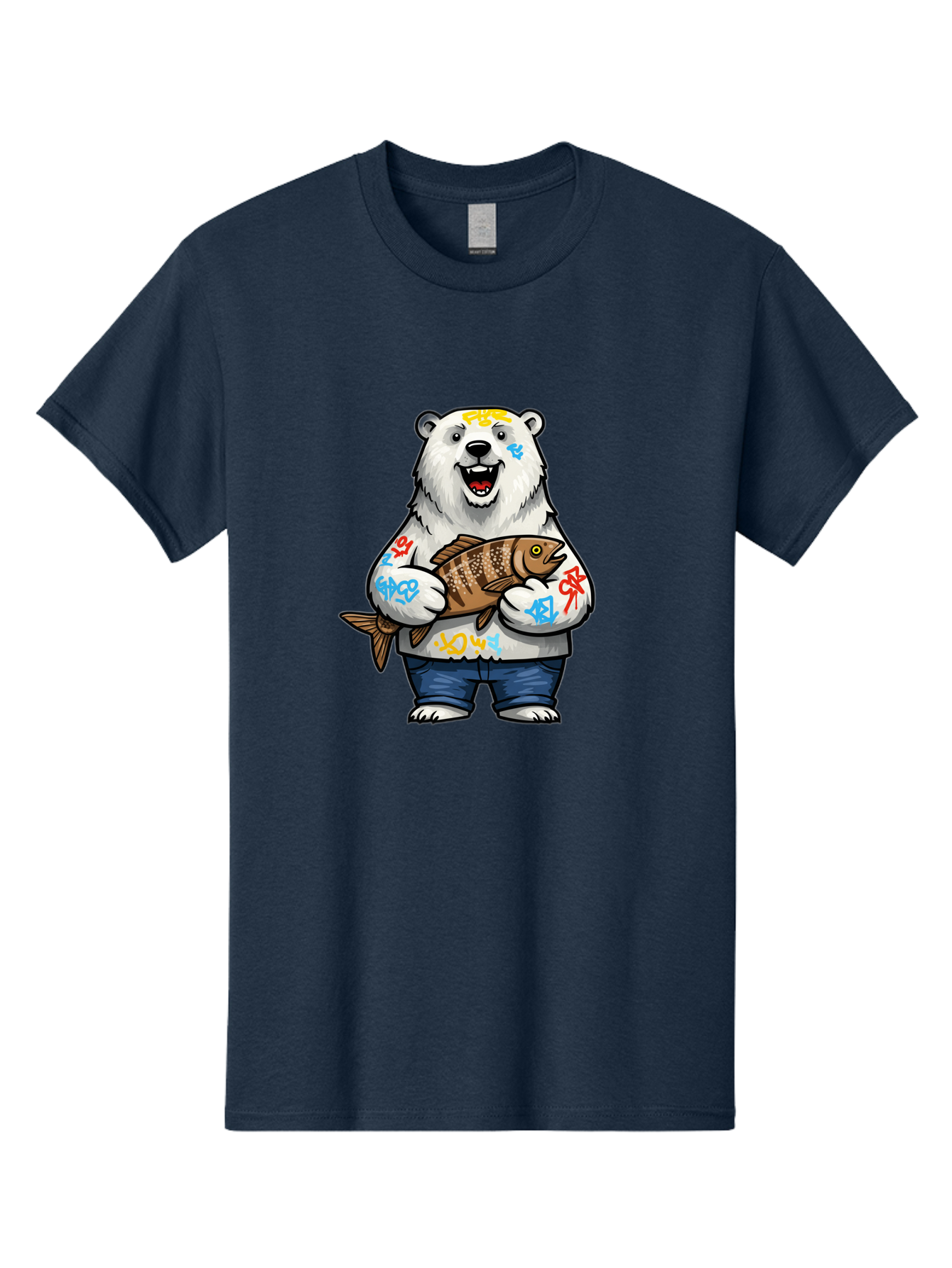 Polar-Bear-1 Men'S Graphic Tee, 100% Cotton, Comfortable Casual Summer Wear, Machine Washable, Polar Bear Holding Fish, Cartoon Character, Graffiti Art, Streetwear Style, Urban Wildlife, Cool Bear, Fish In Hands, Funny Bear, Kawaii Art, Bae638