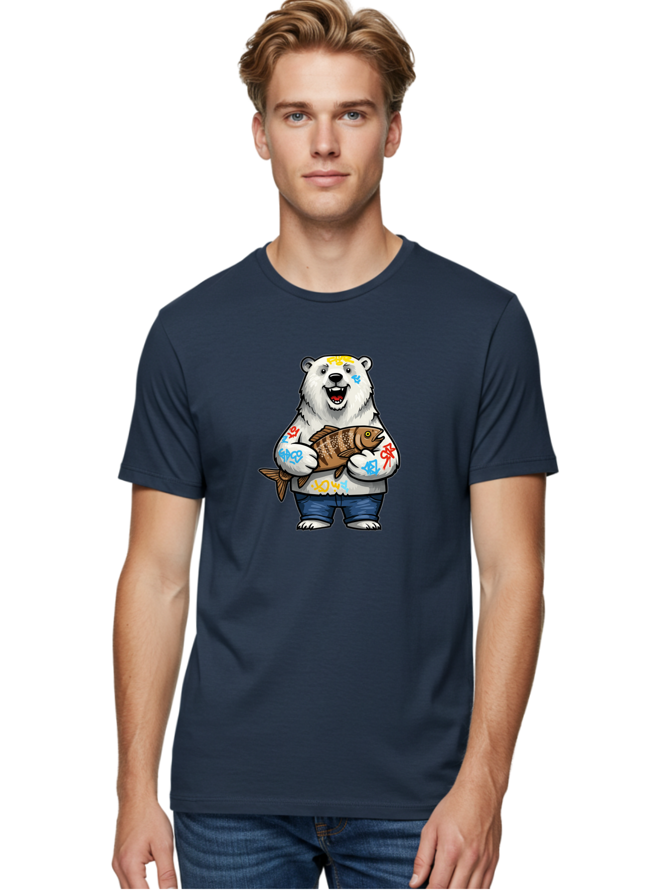 Polar-Bear-1 Men'S Graphic Tee, 100% Cotton, Comfortable Casual Summer Wear, Machine Washable, Polar Bear Holding Fish, Cartoon Character, Graffiti Art, Streetwear Style, Urban Wildlife, Cool Bear, Fish In Hands, Funny Bear, Kawaii Art, Bae638