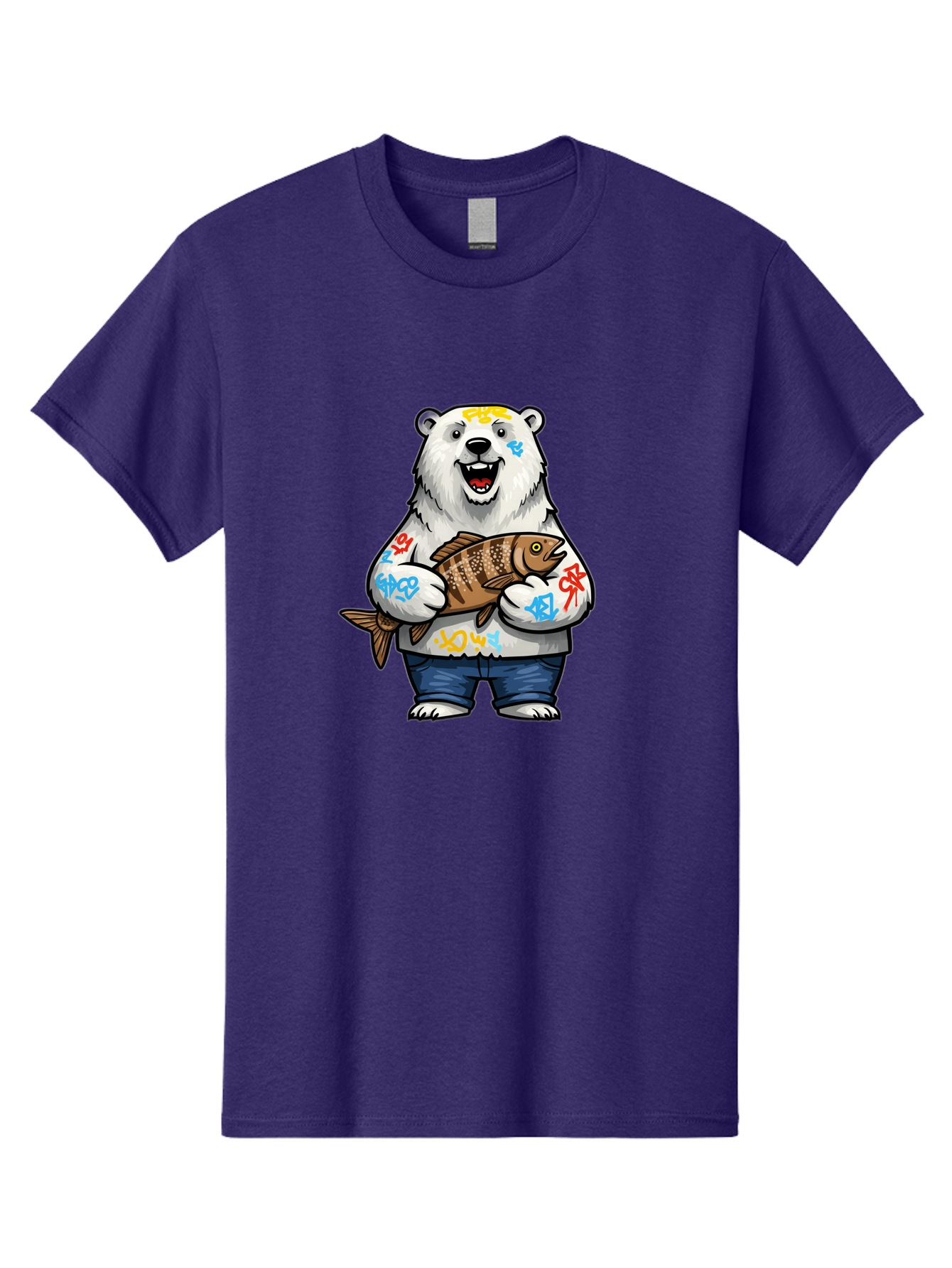Polar-Bear-1 Men'S Graphic Tee, 100% Cotton, Comfortable Casual Summer Wear, Machine Washable, Polar Bear Holding Fish, Cartoon Character, Graffiti Art, Streetwear Style, Urban Wildlife, Cool Bear, Fish In Hands, Funny Bear, Kawaii Art, Bae638