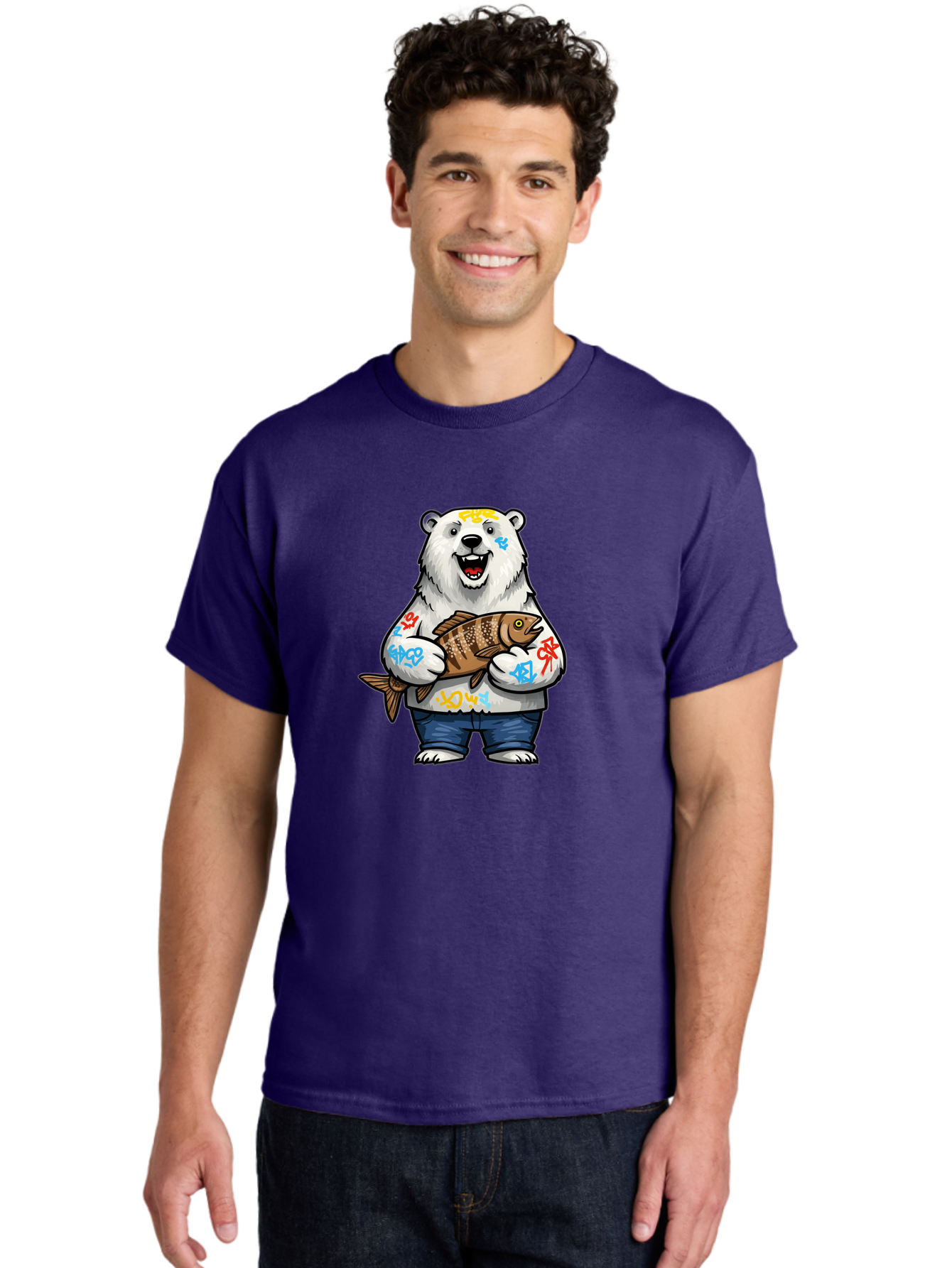 Polar-Bear-1 Men'S Graphic Tee, 100% Cotton, Comfortable Casual Summer Wear, Machine Washable, Polar Bear Holding Fish, Cartoon Character, Graffiti Art, Streetwear Style, Urban Wildlife, Cool Bear, Fish In Hands, Funny Bear, Kawaii Art, Bae638